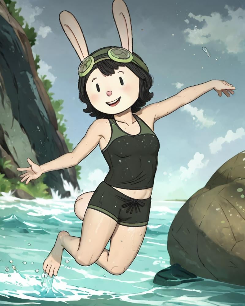 _r4b_, jumping, water, black swim trunks, goggles, splash, smile  <lora:ranger_rabbit_r4b_v2:1>