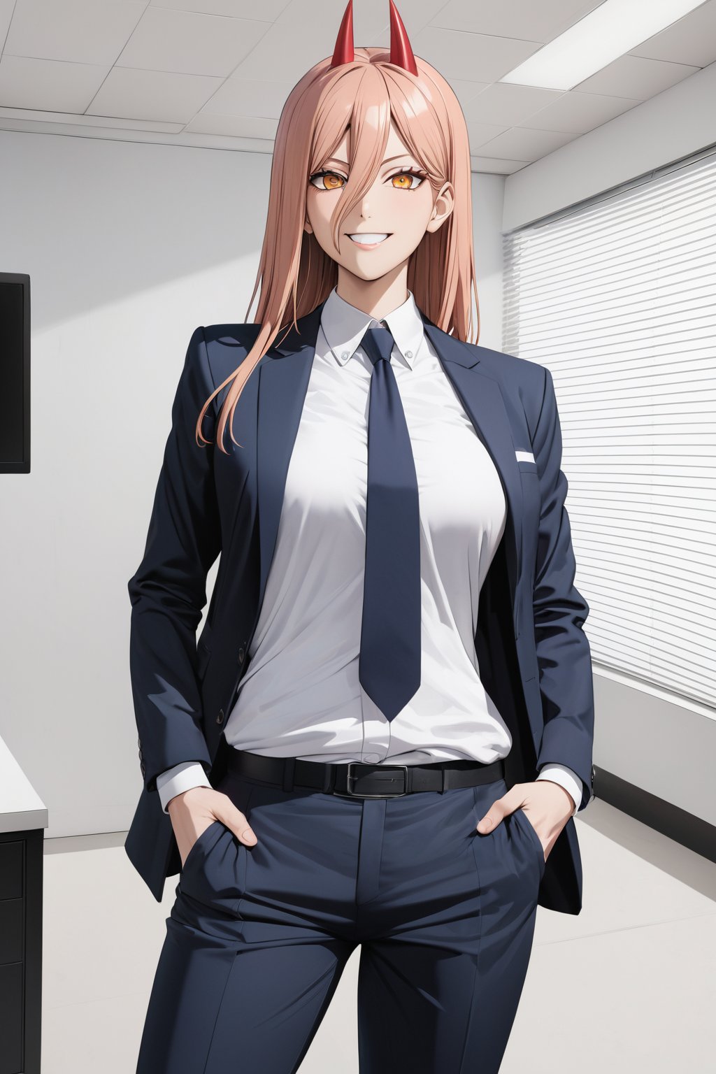 ( Business suit )   ,  at office , smile , necktie , sloppy  , long pants , white shirt , jacket ,
( masterpiece , ultra Detailed   , ultra Detailed groin ,  ANIME style ) ,
power \(chainsaw man\)