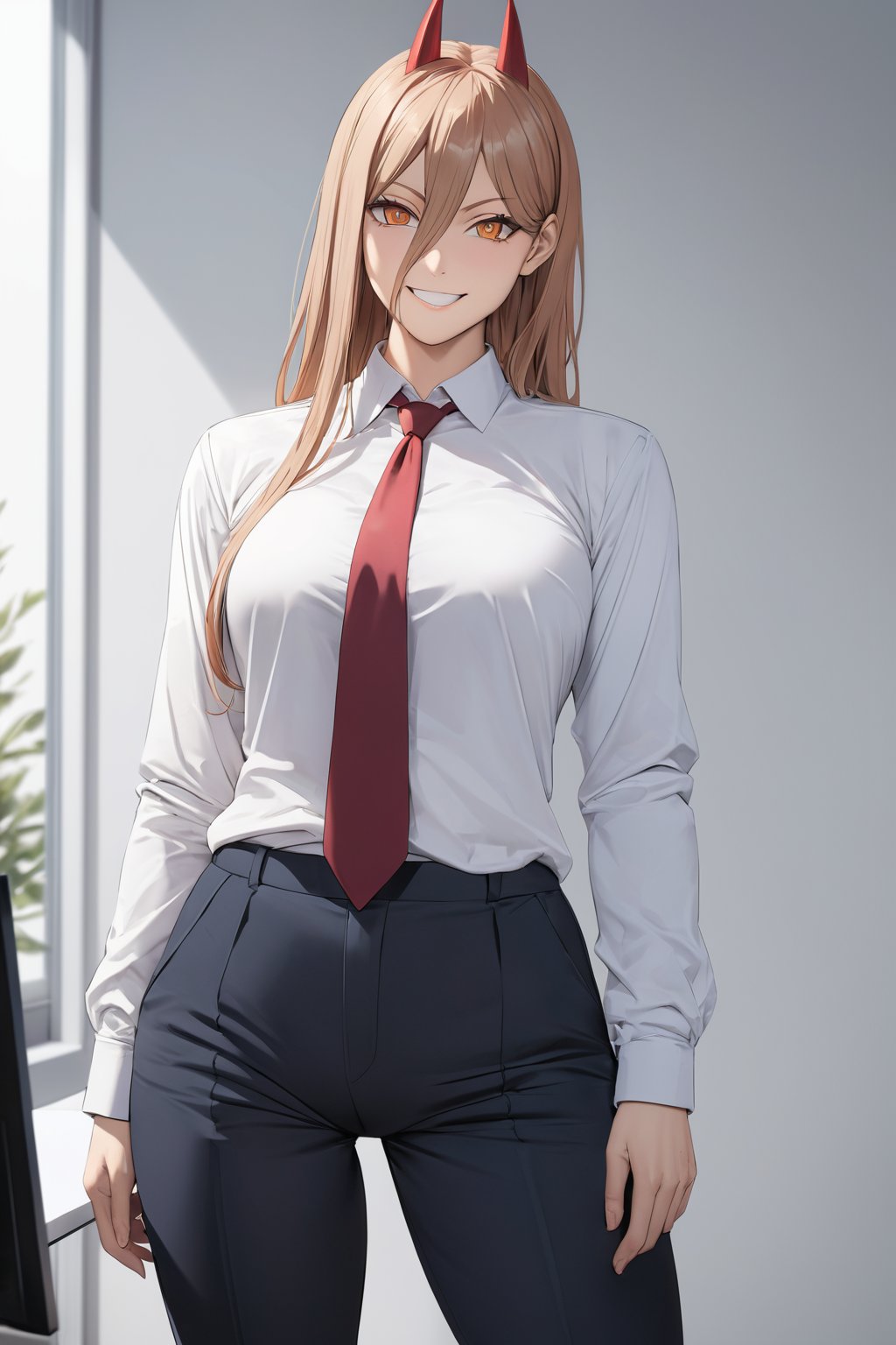 Business suit  ,  at office , smile , necktie , sloppy , untucked  , long pants , white shirt , 
( masterpiece , ultra Detailed   , ultra Detailed groin ,  ANIME style ) ,
power \(chainsaw man\)