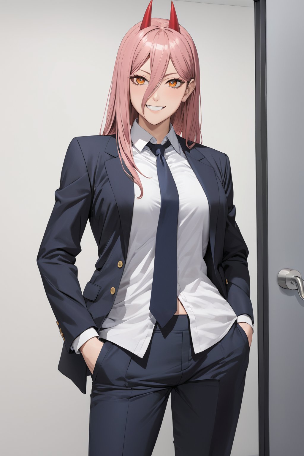 ( Business suit )   ,  at office , smile , necktie , sloppy  , long pants , white shirt , jacket ,
( masterpiece , ultra Detailed   , ultra Detailed groin ,  ANIME style ) ,
power \(chainsaw man\)