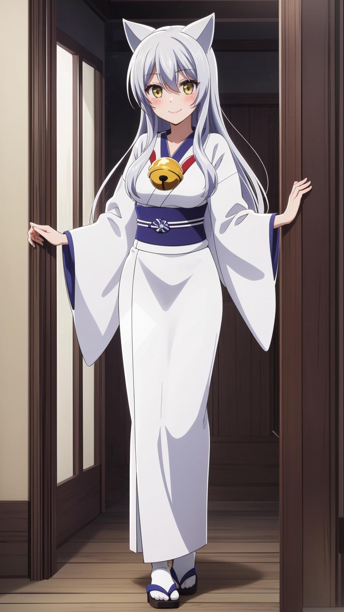 (masterpiece, best quality), ray tracing, absurdres, HDR, Onna Kokkuri-san, 1girl, animal ears, japanese clothes, solo, yellow eyes, long hair, bell, kimono, fox ears, white hair, shimenawa, full body, white kimono ,looking at viewer, smile,blush<lora:Onna Kokkuri-san beta:0.8>