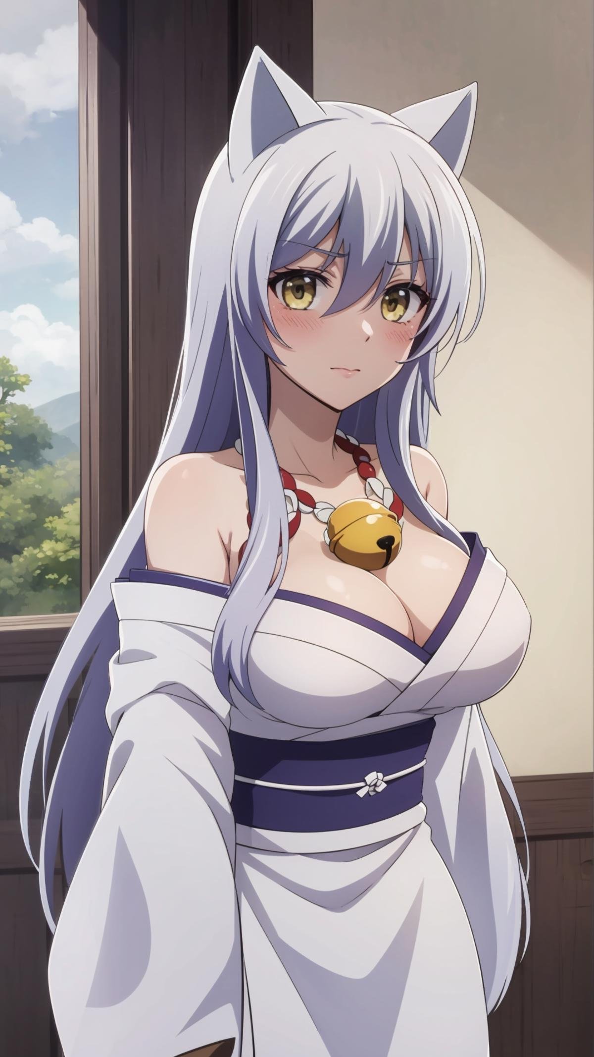 (masterpiece, best quality), ray tracing, absurdres, HDR, Onna Kokkuri-san, 1girl, animal ears, breasts, japanese clothes, fox ears, long hair, yellow eyes, cleavage, kimono, blush, bell, looking at viewer, necklace, solo, large breasts, off shoulder, bare shoulders, white hair, medium breasts, shimenawa, white kimono <lora:Onna Kokkuri-san beta:0.8>