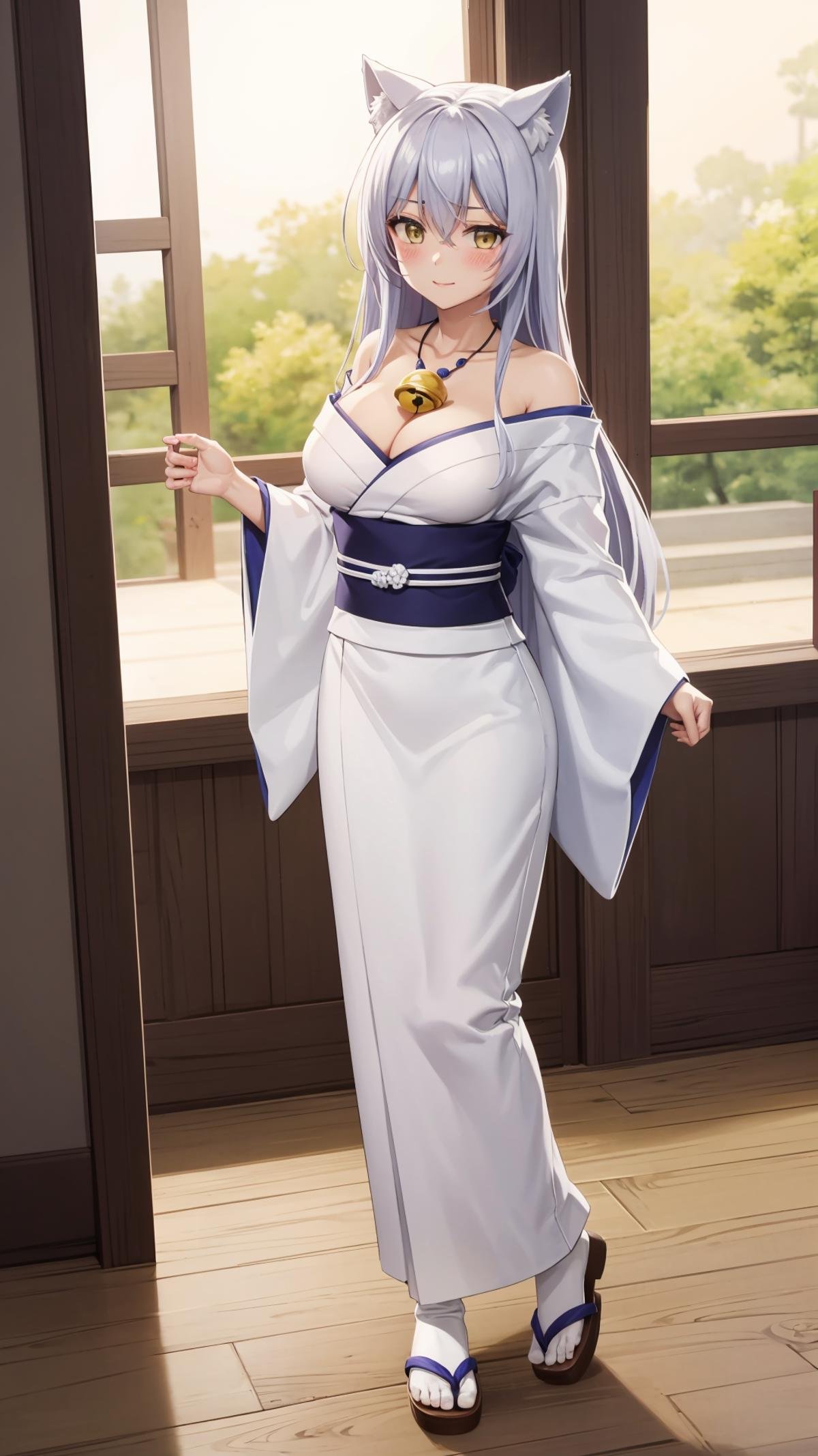 (masterpiece, best quality), ray tracing, absurdres, HDR, Onna Kokkuri-san, 1girl, animal ears, breasts, japanese clothes, fox ears, long hair, yellow eyes, cleavage, kimono, blush, bell, looking at viewer, necklace, solo, large breasts, off shoulder, bare shoulders, white hair, medium breasts, shimenawa, white kimono, tabi, sandals, socks, ,  wooden floor, zouri, feet,  full body,standing, <lora:Onna Kokkuri-san beta:0.7>