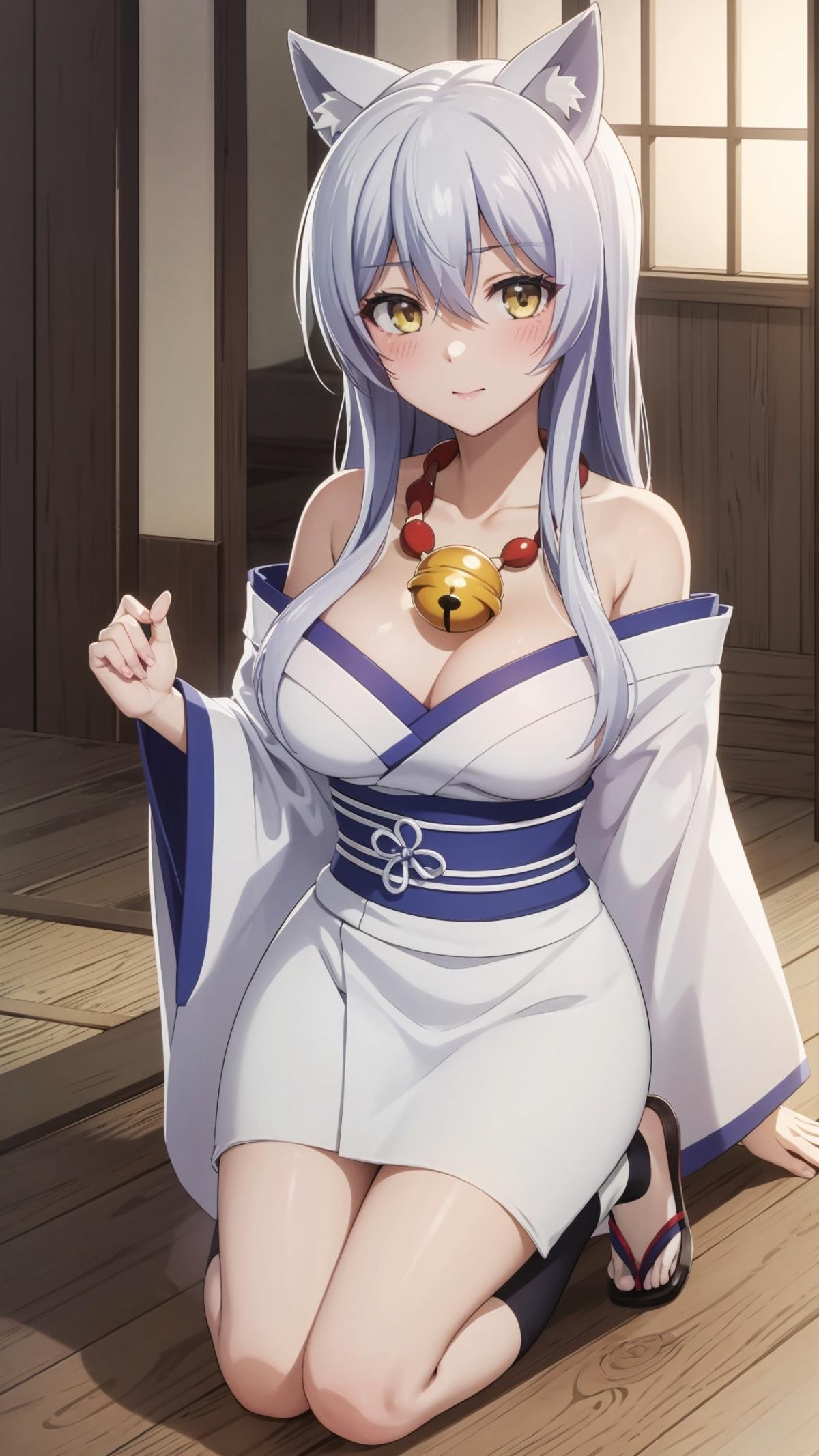 (masterpiece, best quality), ray tracing, absurdres, HDR, Onna Kokkuri-san, 1girl, animal ears, breasts, japanese clothes, fox ears, long hair, yellow eyes, cleavage, kimono, blush, bell, looking at viewer, necklace, solo, large breasts, off shoulder, bare shoulders, white hair, medium breasts, shimenawa, white kimono, tabi, sandals, socks, ,  wooden floor, zouri, feet,  <lora:Onna Kokkuri-san beta:0.8>