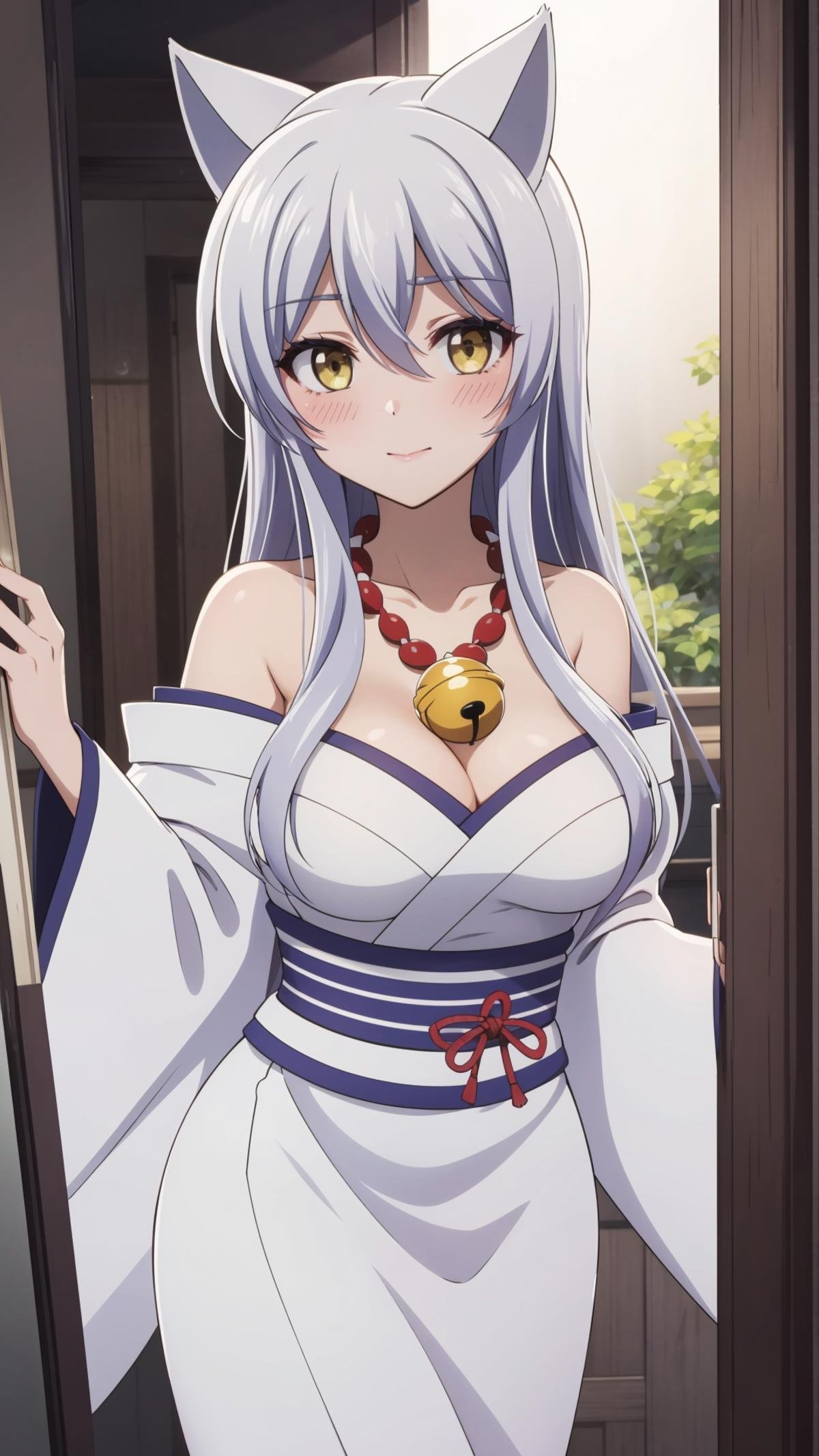 (masterpiece, best quality), ray tracing, absurdres, HDR, Onna Kokkuri-san, 1girl, animal ears, breasts, japanese clothes, fox ears, long hair, yellow eyes, cleavage, kimono, blush, bell, looking at viewer, necklace, solo, large breasts, off shoulder, bare shoulders, white hair, medium breasts, shimenawa, white kimono <lora:Onna Kokkuri-san beta:0.8>