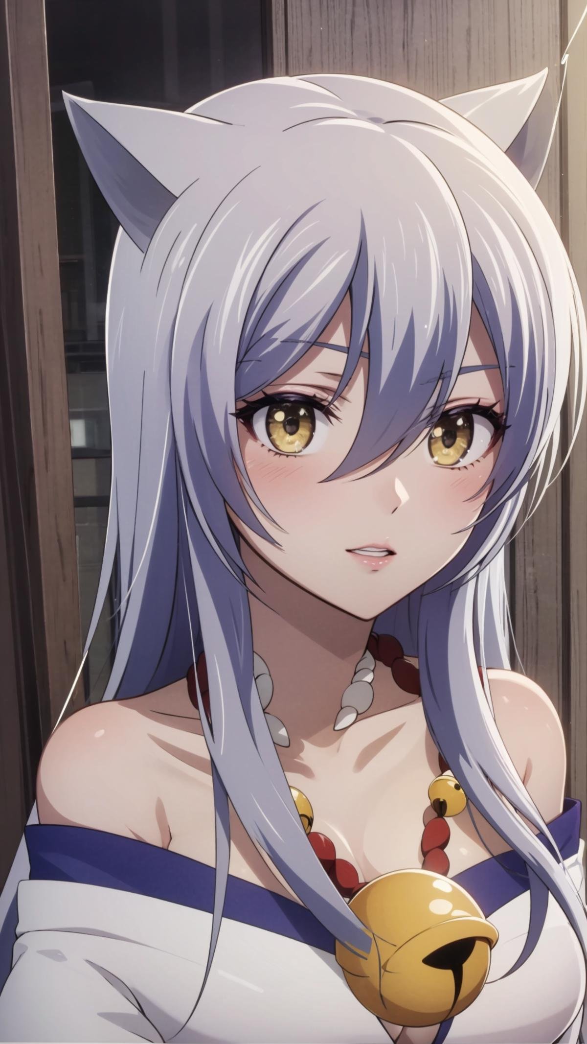 (masterpiece, best quality),ray tracing,absurdres, HDR,Onna Kokkuri-san, 1girl, fox ears,yellow eyes,solo, long hair, japanese clothes, rope, bare shoulders, shimenawa, parted lips, bell, head out of frame, grey hair, off shoulder, kimono, collarbone, necklace, close-up,looking at viewer,<lora:Onna Kokkuri-san beta:0.8>