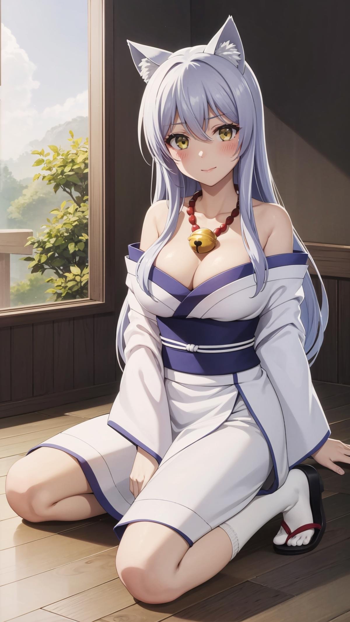 (masterpiece, best quality), ray tracing, absurdres, HDR, Onna Kokkuri-san, 1girl, animal ears, breasts, japanese clothes, fox ears, long hair, yellow eyes, cleavage, kimono, blush, bell, looking at viewer, necklace, solo, large breasts, off shoulder, bare shoulders, white hair, medium breasts, shimenawa, white kimono tabi, sandals, socks, ,  wooden floor, zouri, feet,  <lora:Onna Kokkuri-san beta:0.8>