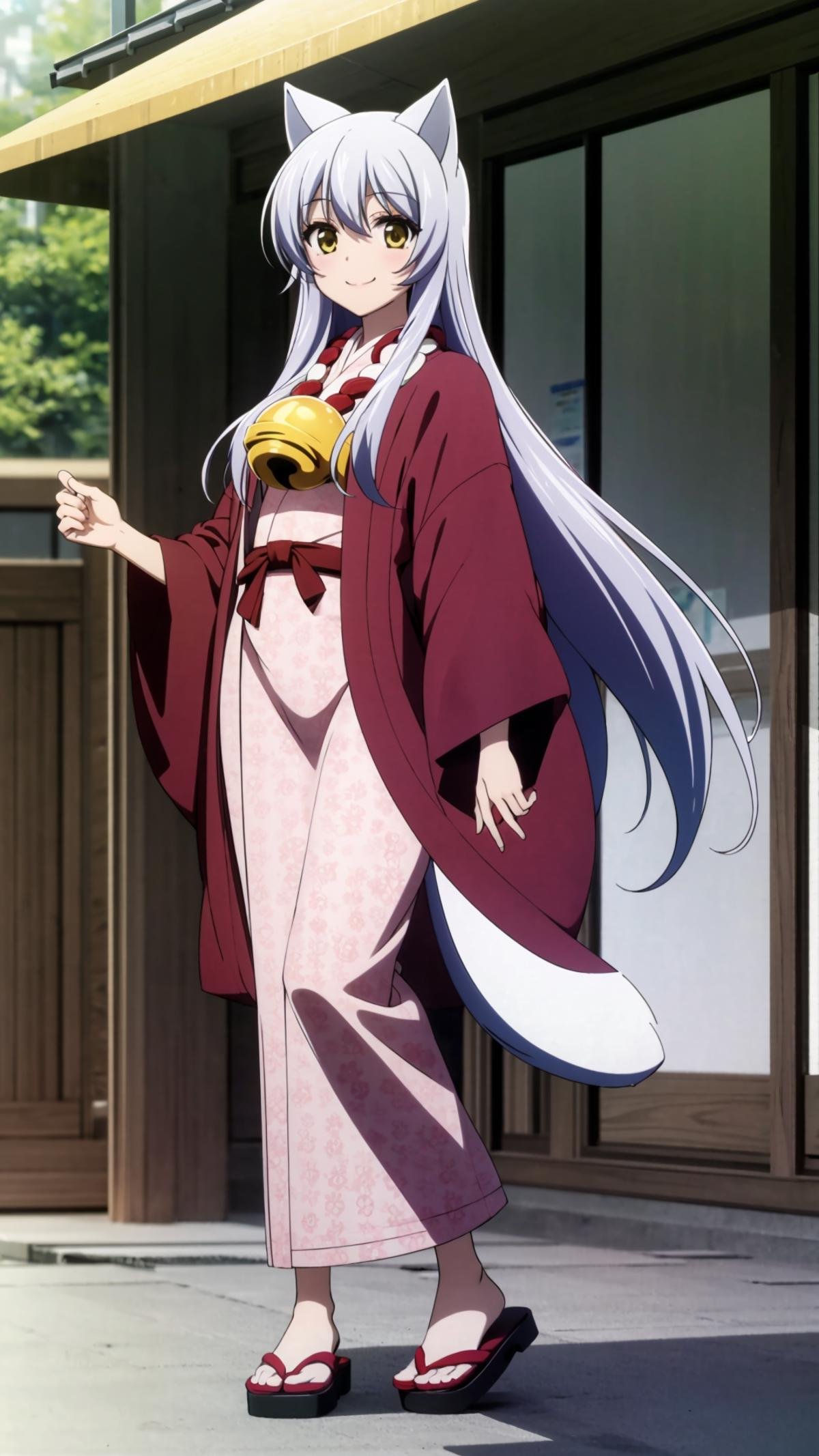 (masterpiece, best quality), ray tracing, absurdres, HDR, Onna Kokkuri-san, 1girl, japanese clothes, animal ears, solo, long hair, yellow eyes, bell, kimono, fox ears, smile, haori, medium breasts, shimenawa, jingle bell,looking at viewer,sandals, <lora:Onna Kokkuri-san beta 2:0.8>