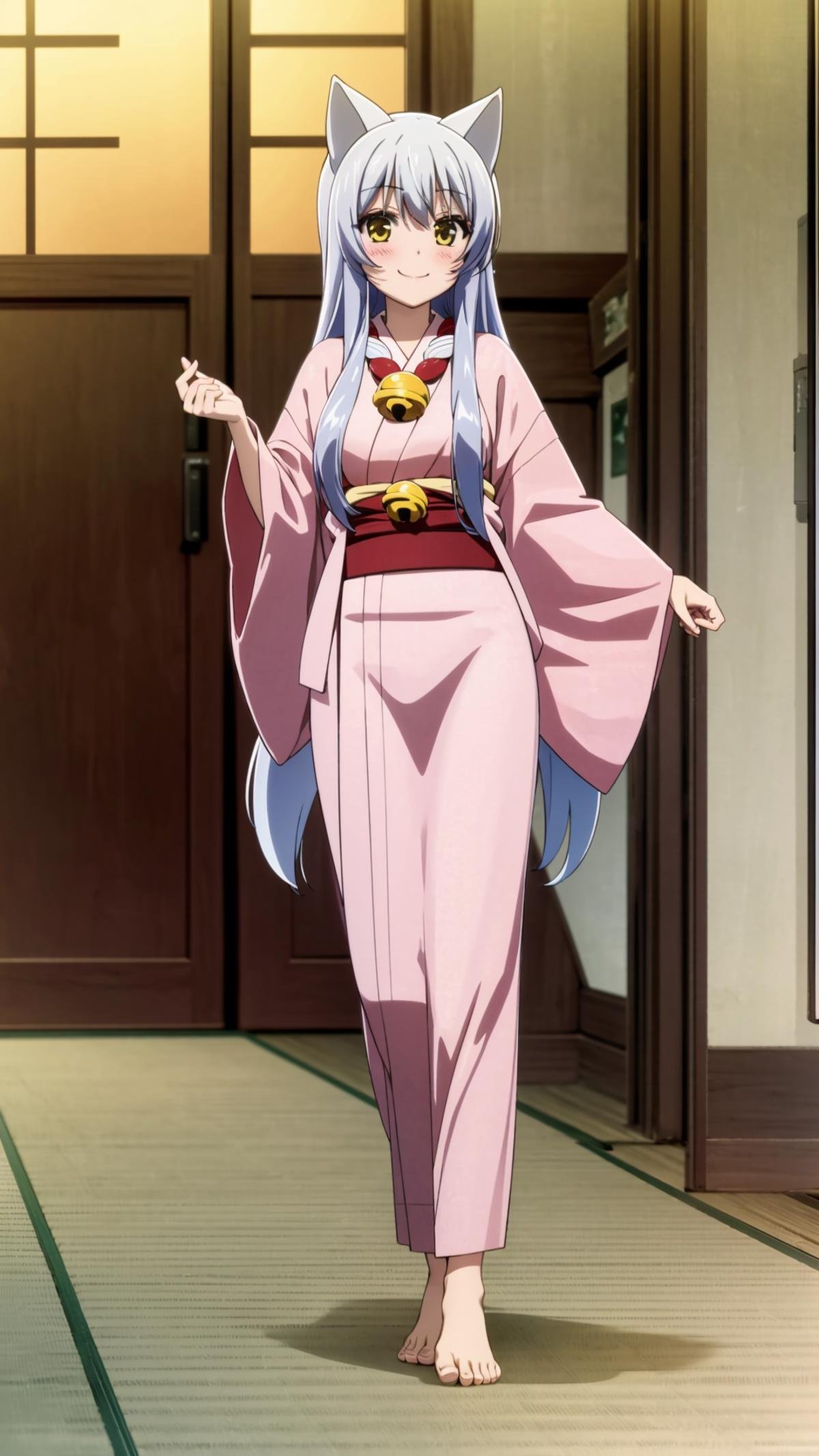 (masterpiece, best quality), ray tracing, absurdres, HDR, Onna Kokkuri-san, 1girl, japanese clothes, animal ears, solo, long hair, yellow eyes, bell, kimono, fox ears, smile, haori, medium breasts, shimenawa, jingle bell,looking at viewer, blush, barefoot, indoors,<lora:Onna Kokkuri-san beta 2:0.8>