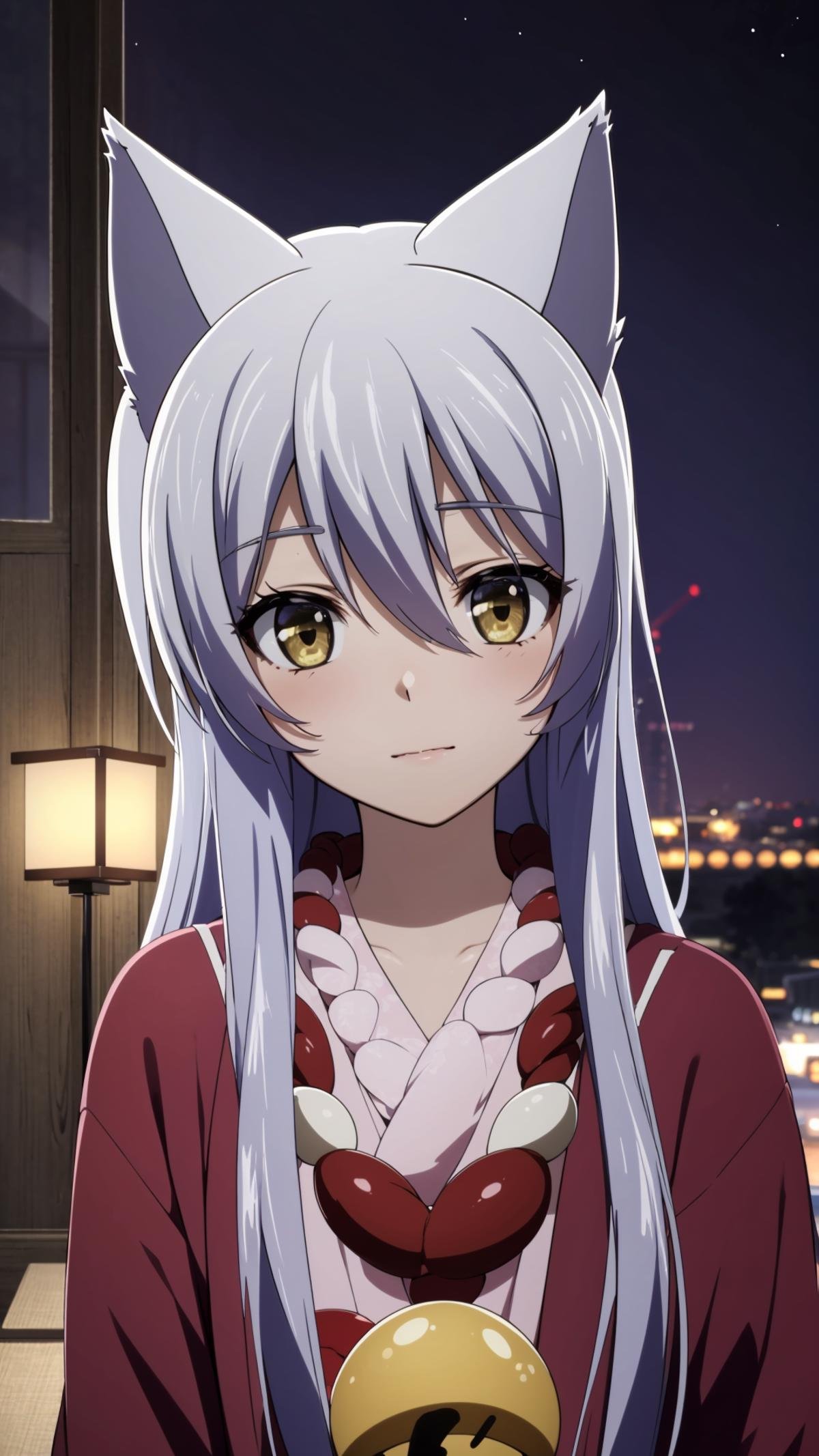 (masterpiece, best quality), ray tracing, absurdres, HDR, Onna Kokkuri-san, animal ears, long hair, solo, yellow eyes, jewelry, necklace, japanese clothes, night, fox ears, hair between eyes, 1girl, moon, grey hair,  haori,yukata,rope,jingle bell,upper body, <lora:Onna Kokkuri-san beta 2:0.8>