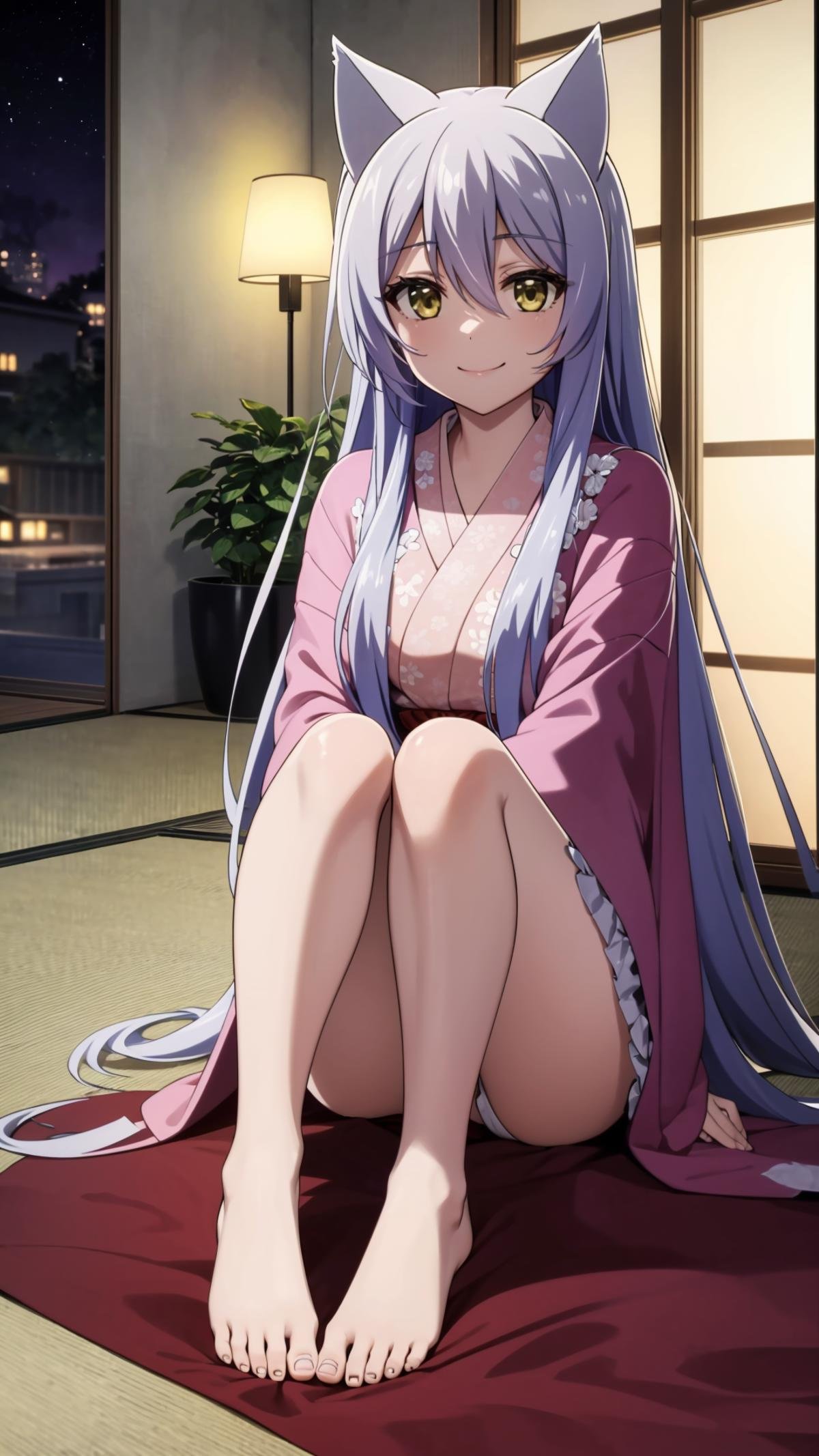 (masterpiece, best quality), ray tracing, absurdres, HDR, Onna Kokkuri-san, animal ears, long hair, solo, yellow eyes, japanese clothes, night, fox ears, hair between eyes, 1girl, , grey hair, sidelocks, , haori,,medium breasts,full body, looking at viewer, smile,barefoot,sitting,<lora:Onna Kokkuri-san beta 2:0.8>