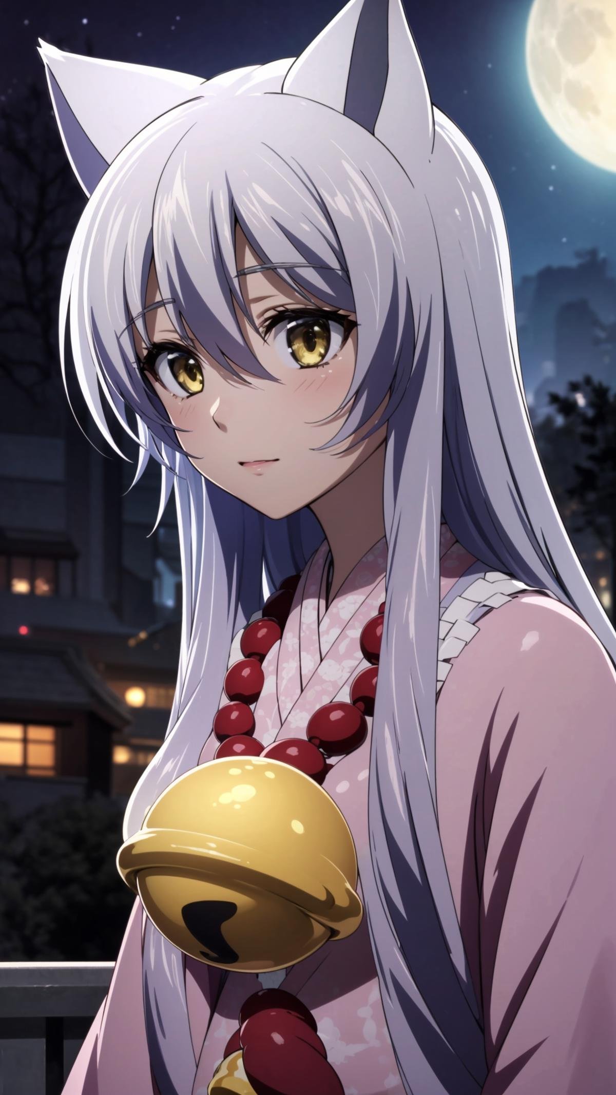 (masterpiece, best quality), ray tracing, absurdres, HDR, Onna Kokkuri-san, animal ears, long hair, solo, yellow eyes, japanese clothes, night, fox ears, hair between eyes, 1girl, moon, grey hair, sidelocks, upper body, haori, shimenawa, jingle bell,medium breasts,<lora:Onna Kokkuri-san beta 2:0.8>