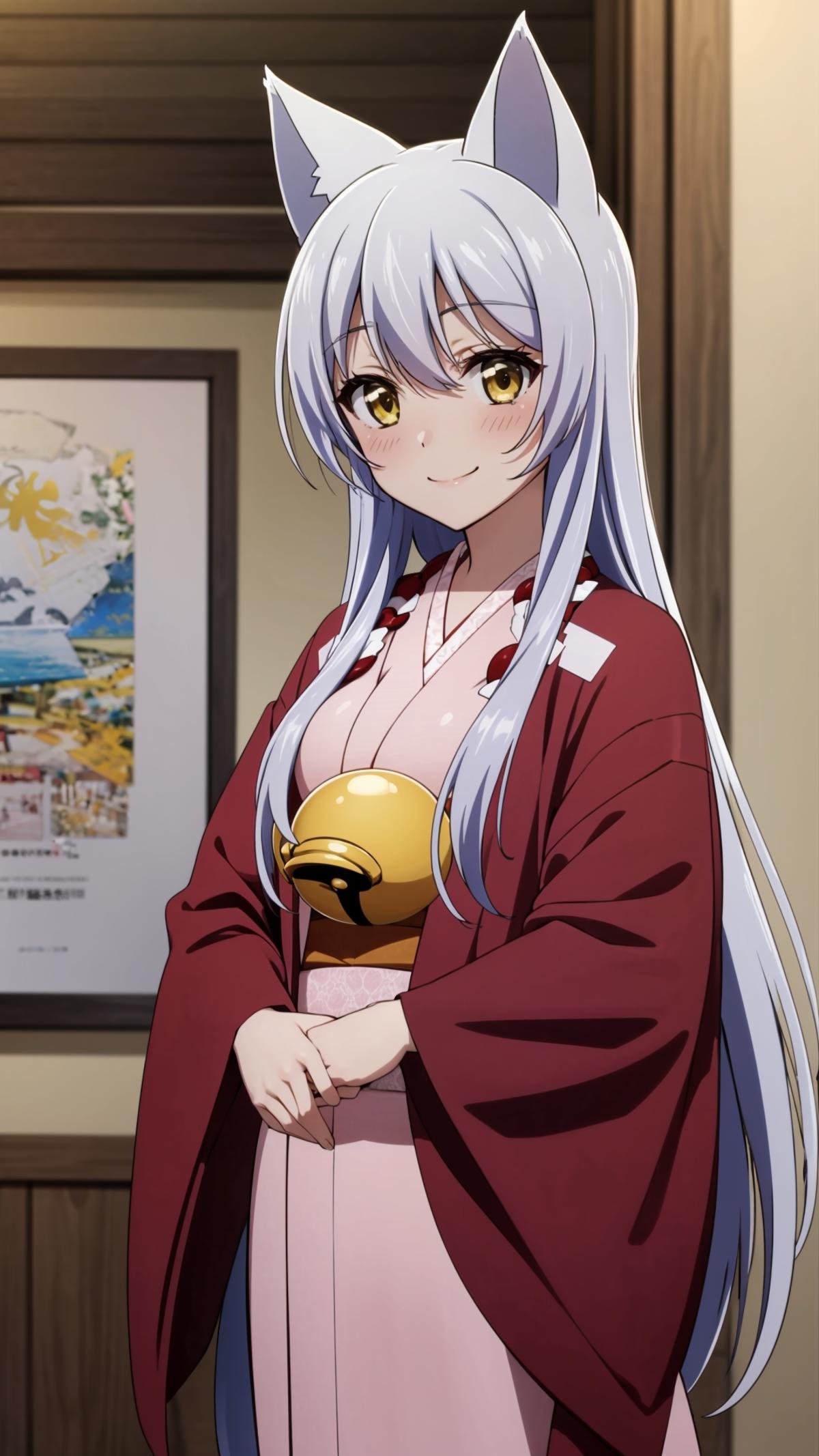 (masterpiece, best quality), ray tracing, absurdres, HDR, Onna Kokkuri-san, 1girl, japanese clothes, animal ears, solo, long hair, yellow eyes, bell, kimono, fox ears, smile, haori, medium breasts, shimenawa, jingle bell,looking at viewer, blush, <lora:Onna Kokkuri-san beta 2:0.7>