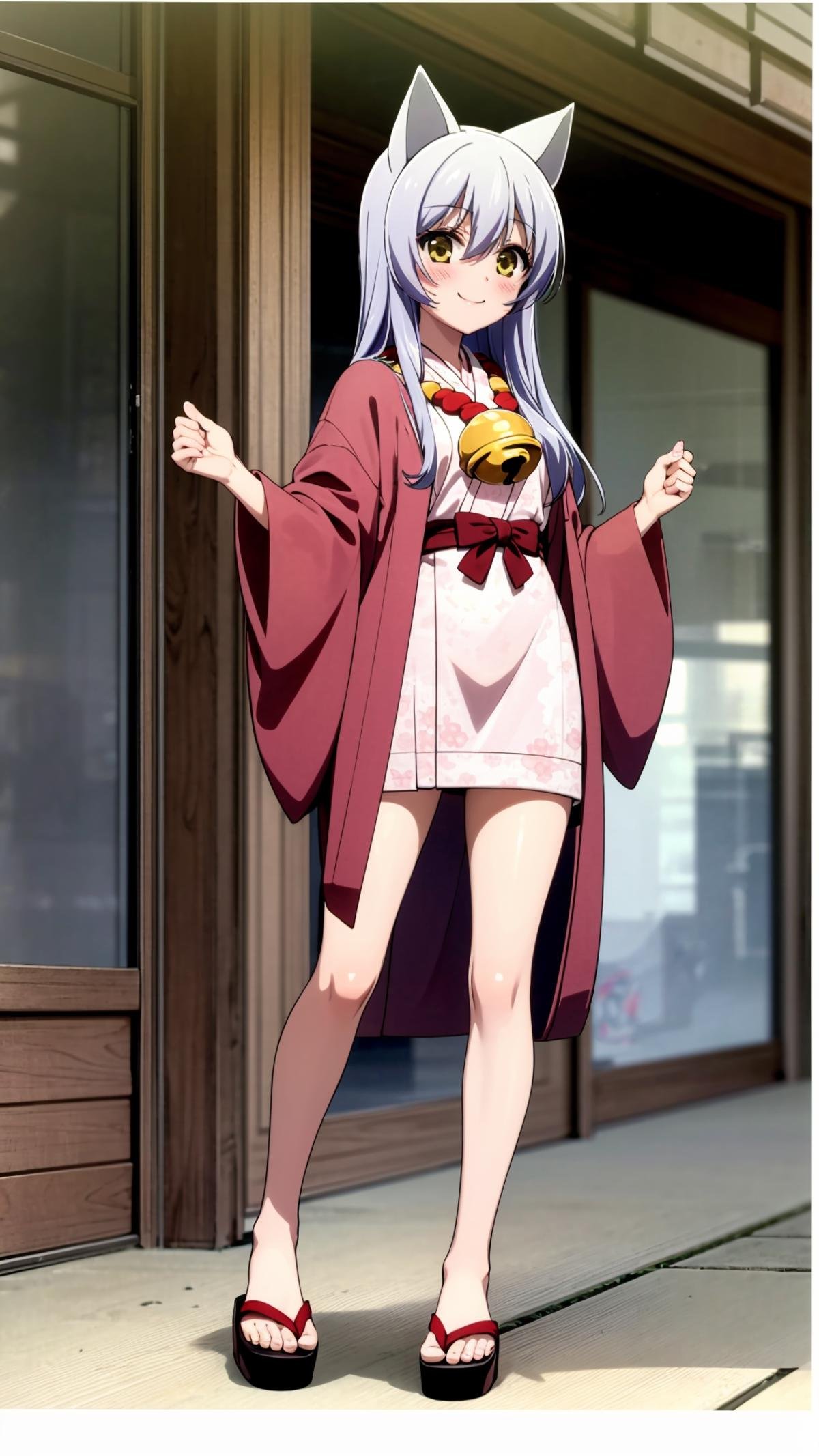 (masterpiece, best quality), ray tracing, absurdres, HDR, Onna Kokkuri-san, 1girl, japanese clothes, animal ears, solo, long hair, yellow eyes, bell, kimono, fox ears, smile, haori, medium breasts, shimenawa, jingle bell,looking at viewer, blush, sandals, <lora:Onna Kokkuri-san beta 2:0.8>