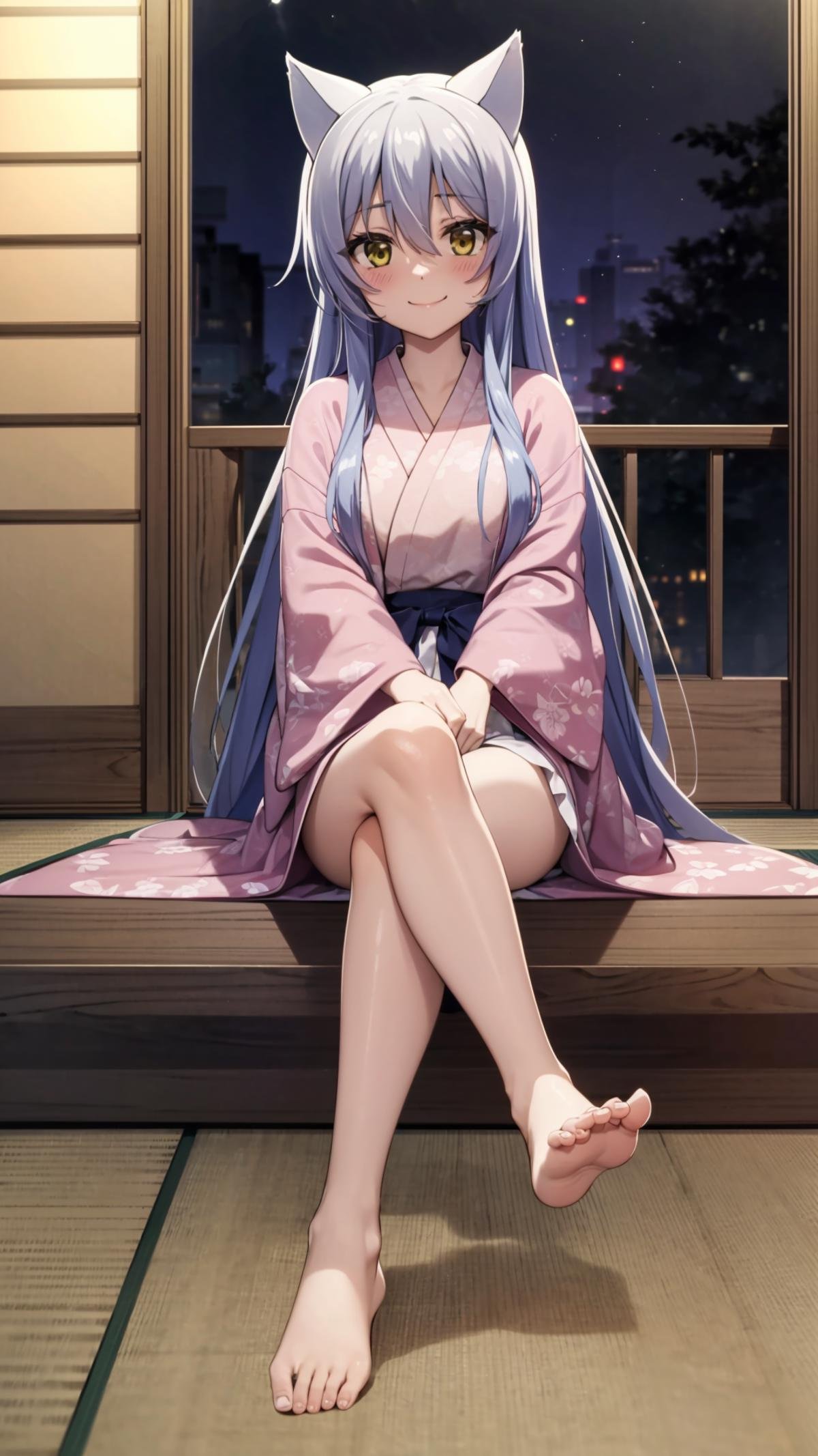 (masterpiece, best quality), ray tracing, absurdres, HDR, Onna Kokkuri-san, animal ears, long hair, solo, yellow eyes, japanese clothes, night, fox ears, hair between eyes, 1girl, , grey hair, sidelocks, , haori,,medium breasts,full body, looking at viewer, smile,barefoot,sitting,blush<lora:Onna Kokkuri-san beta 2:0.8>