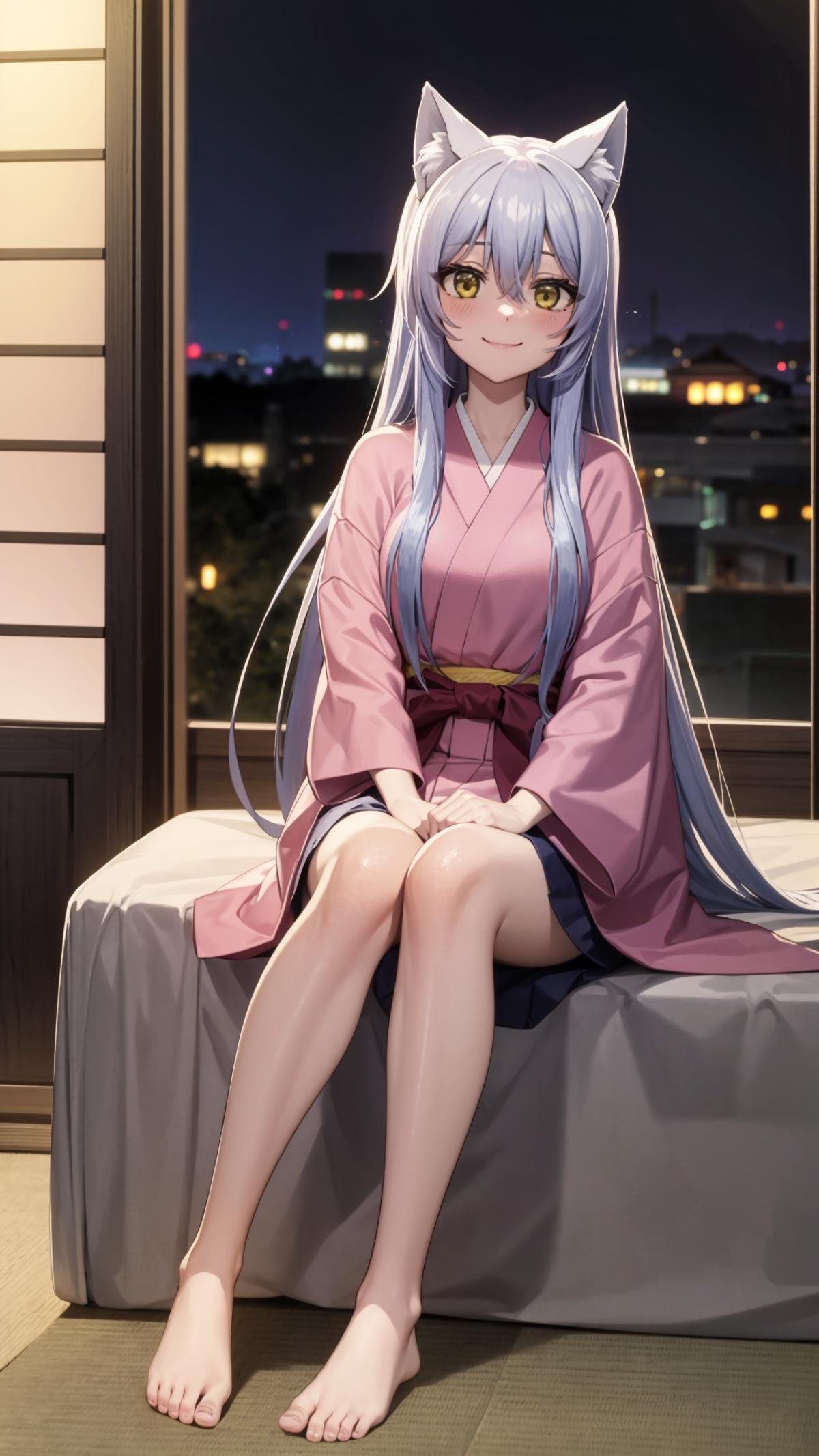 (masterpiece, best quality), ray tracing, absurdres, HDR, Onna Kokkuri-san, animal ears, long hair, solo, yellow eyes, japanese clothes, night, fox ears, hair between eyes, 1girl, , grey hair, sidelocks, , haori,,medium breasts,full body, looking at viewer, smile,barefoot,sitting,blush<lora:Onna Kokkuri-san beta 2:0.8>