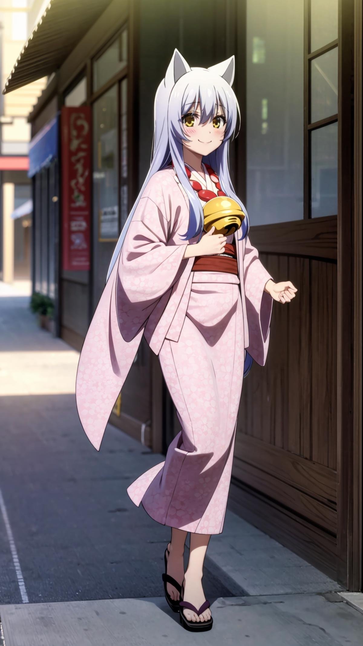 (masterpiece, best quality), ray tracing, absurdres, HDR, Onna Kokkuri-san, 1girl, japanese clothes, animal ears, solo, long hair, yellow eyes, bell, kimono, fox ears, smile, haori, medium breasts, shimenawa, jingle bell,looking at viewer, blush, sandals, <lora:Onna Kokkuri-san beta 2:0.8>