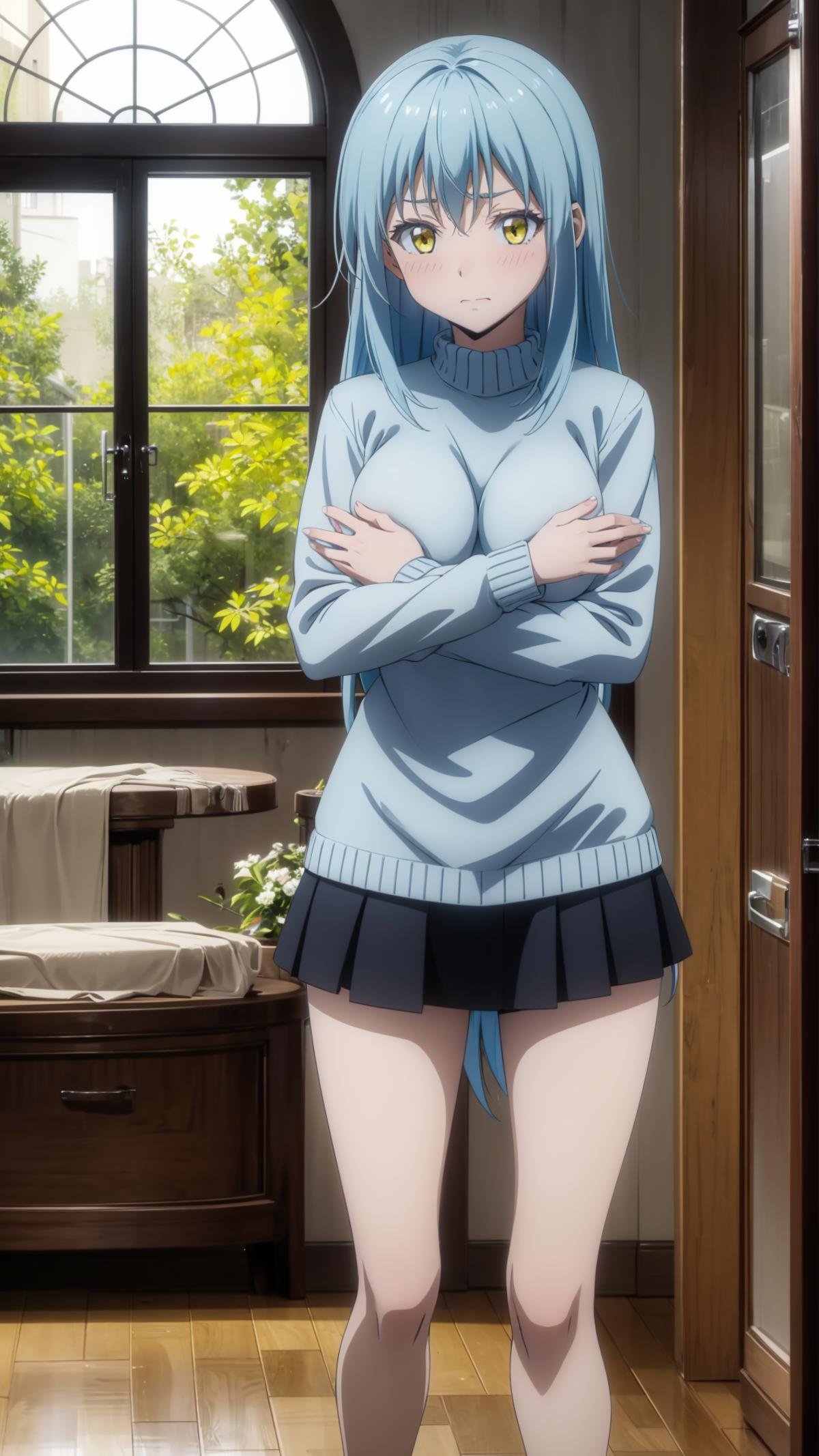 (masterpiece, best quality), ray tracing, absurdres, 1girl,rimuru tempest, female, blue hair,yellow eyes,crossed arms, skirt, sweater, breast press,large breats, legs,looking at viewer, embarrassed, blush,indoors,window,<lora:rimuru 2in1_f+a:0.7>,<lora:covering_breasts_v0.1:1>