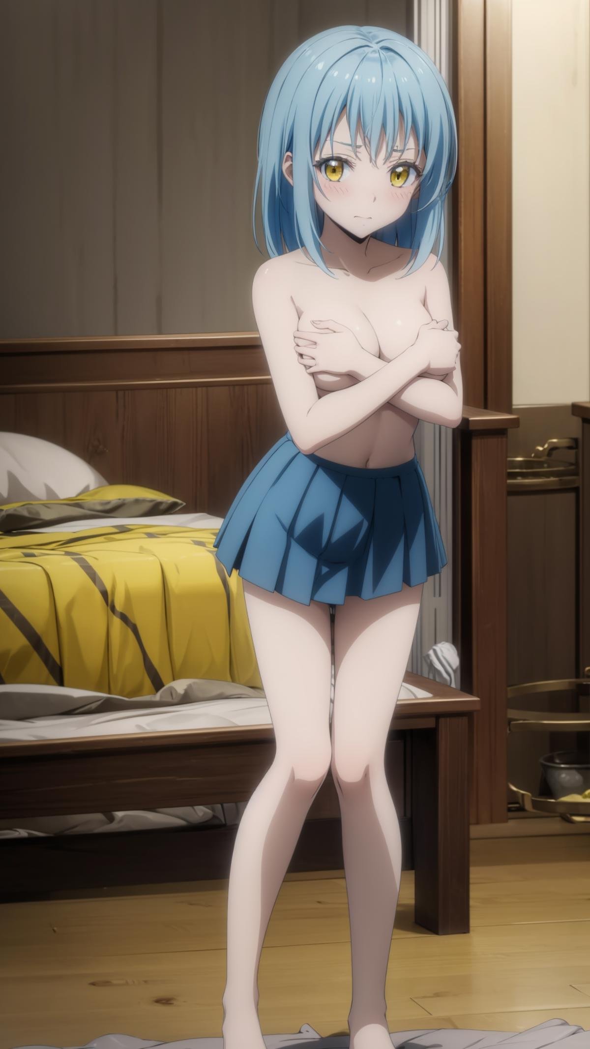 (masterpiece, best quality), ray tracing, absurdres, 1girl,rimuru tempest, female, blue hair,yellow eyes,crossed arms, skirt, topless, breast press,large breats, legs,looking at viewer, embarrassed, blush,indoors,window,<lora:rimuru 2in1_f+a:0.7>,<lora:covering_breasts_v0.1:1>