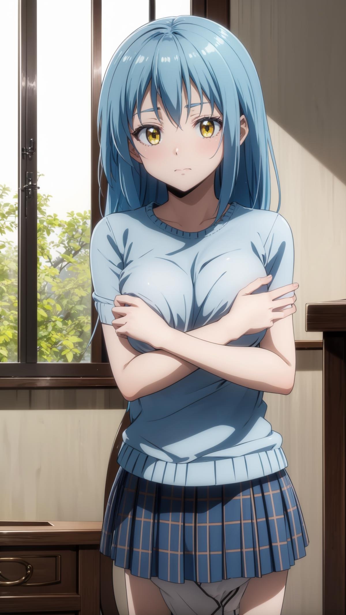 (masterpiece, best quality), ray tracing, absurdres, 1girl,rimuru tempest, female, blue hair,yellow eyes,crossed arms, skirt, sweater, breast press,large breats, ,looking at viewer, embarrassed, blush,indoors,window,<lora:covering_breasts_v0.1:1>  <lora:rimuru 2in1_f+a:0.7>