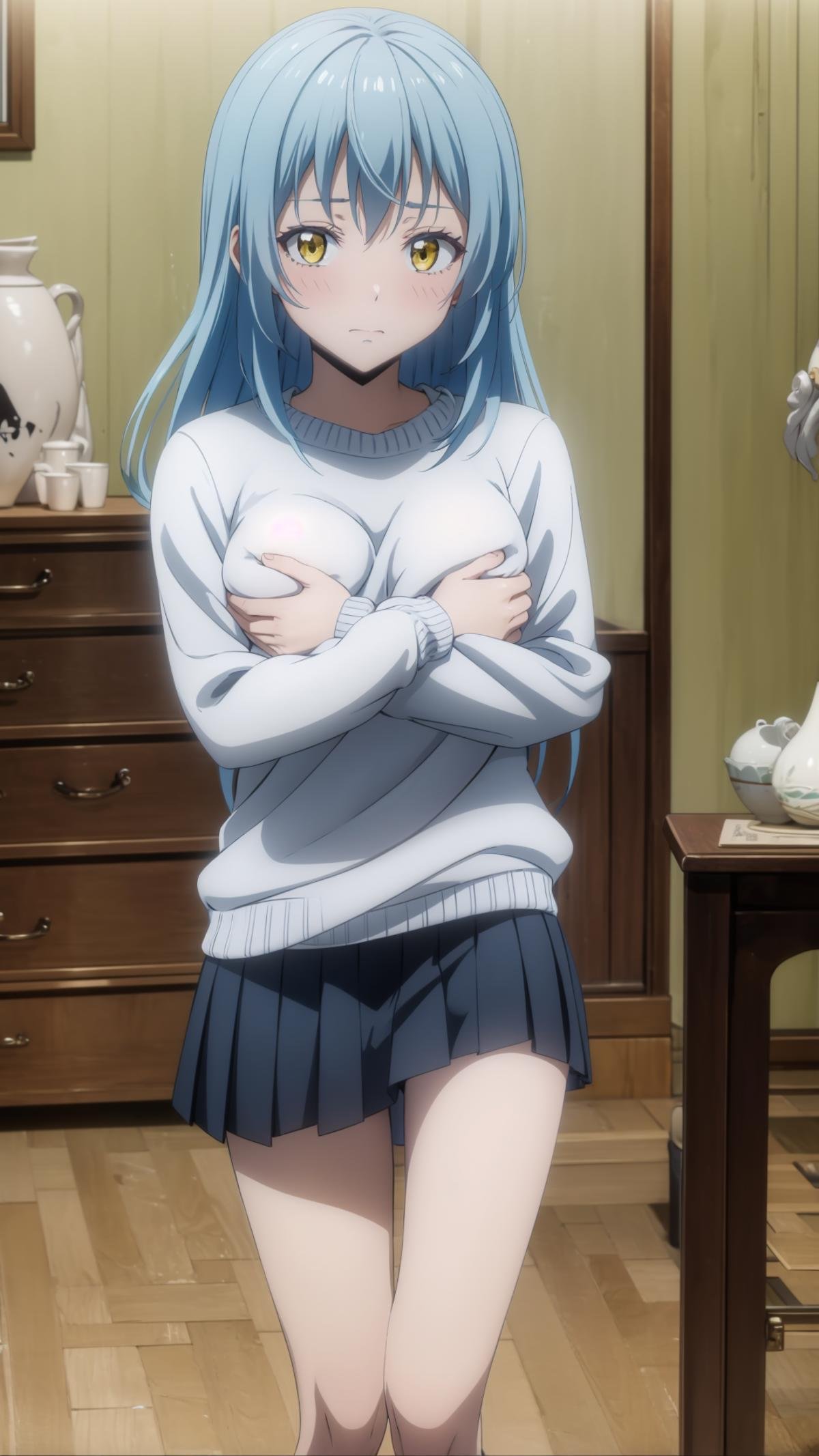 (masterpiece, best quality), ray tracing, absurdres, 1girl,rimuru tempest, female, blue hair,yellow eyes,crossed arms, skirt, sweater, breast press,large breats, legs,looking at viewer, embarrassed, blush,indoors,window,<lora:rimuru 2in1_f+a:0.7>,<lora:covering_breasts_v0.1:1>