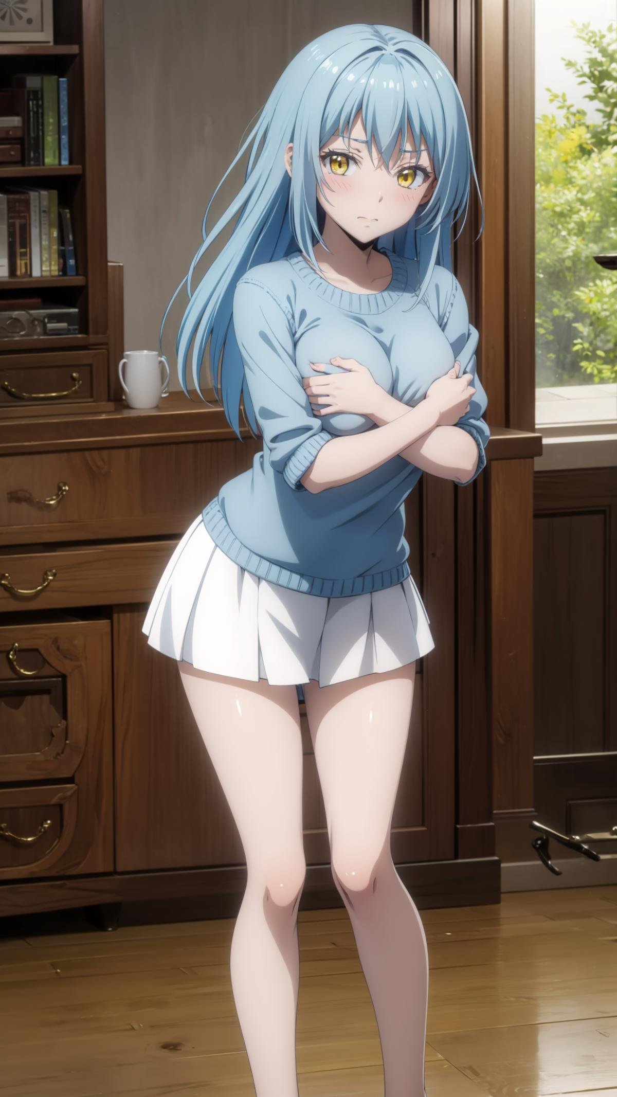 (masterpiece, best quality), ray tracing, absurdres, 1girl,rimuru tempest, female, blue hair,yellow eyes,crossed arms, skirt, sweater, breast press,large breats, legs,looking at viewer, embarrassed, blush,indoors,window,<lora:rimuru 2in1_f+a:0.7>,<lora:covering_breasts_v0.1:1>