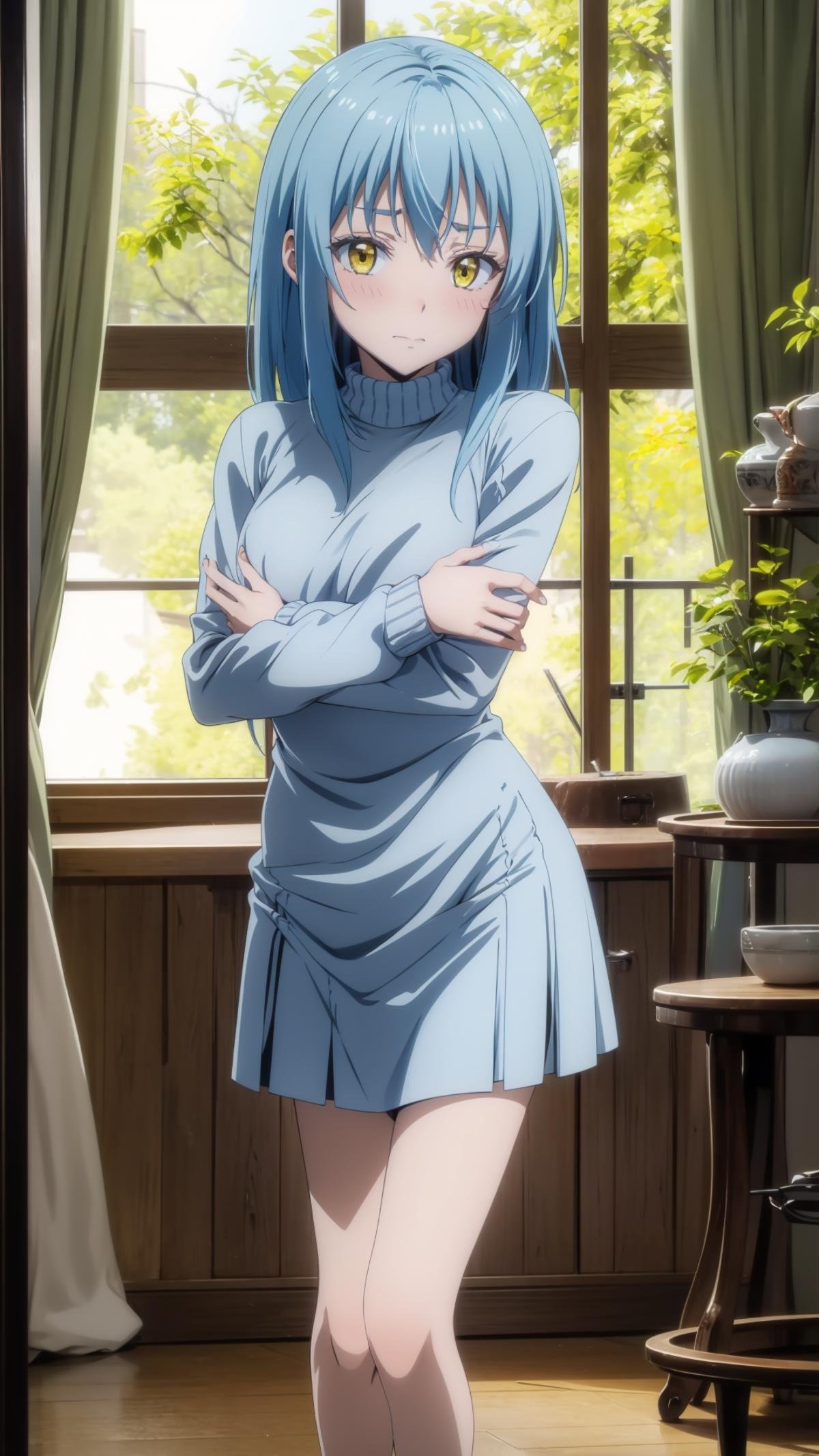 (masterpiece, best quality), ray tracing, absurdres, 1girl,rimuru tempest, female, blue hair,yellow eyes,crossed arms, skirt, sweater, breast press,large breats, legs,looking at viewer, embarrassed, blush,indoors,window,<lora:rimuru 2in1_f+a:0.7>,<lora:covering_breasts_v0.1:1>