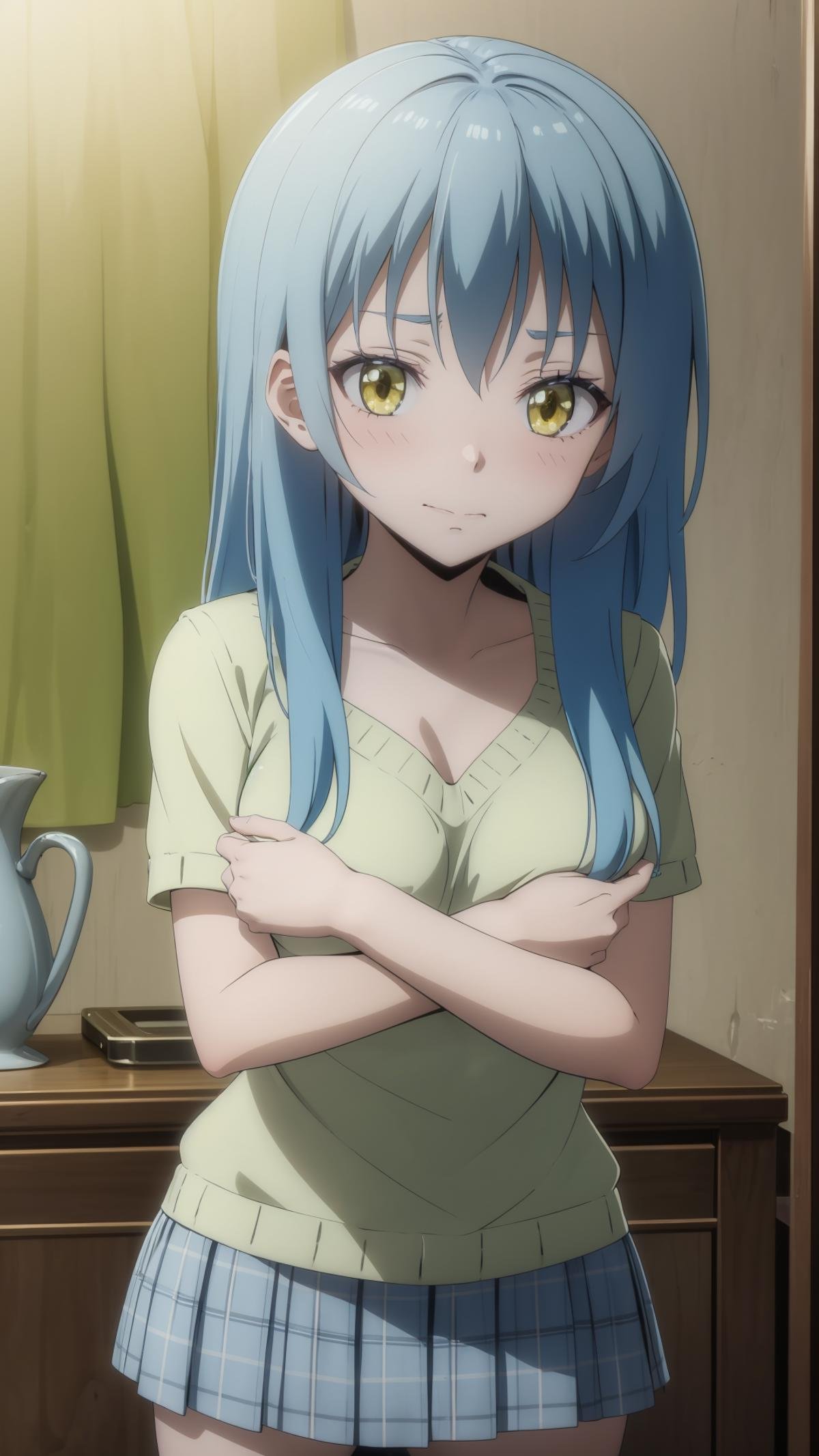 (masterpiece, best quality), ray tracing, absurdres, 1girl,rimuru tempest, female, blue hair,yellow eyes,crossed arms, skirt, sweater, breast press,, ,looking at viewer, embarrassed, blush,<lora:covering_breasts_v0.1:1>  <lora:rimuru 2in1_f+a:0.7>