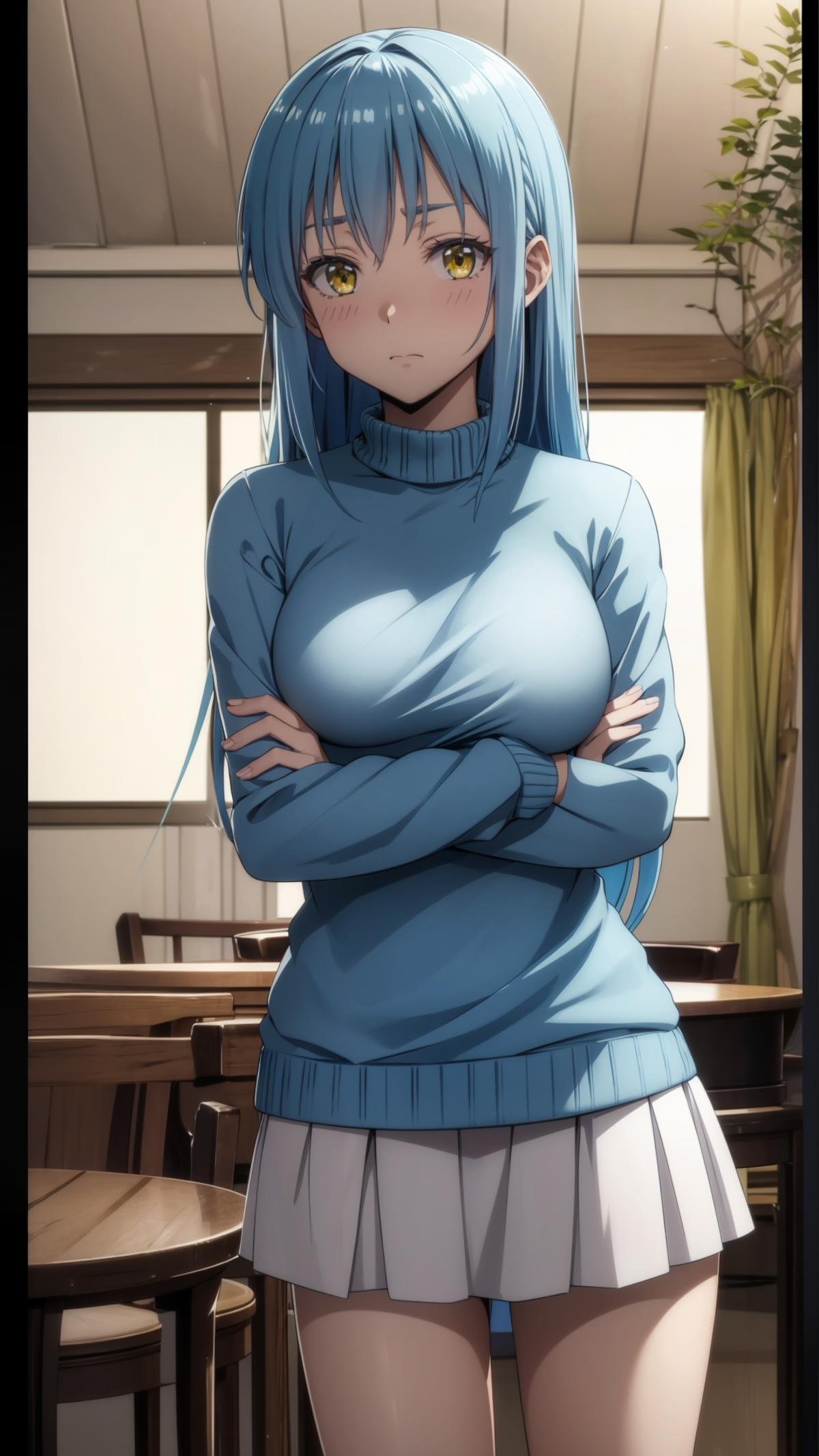 (masterpiece, best quality), ray tracing, absurdres, 1girl,rimuru tempest, female, blue hair,yellow eyes,crossed arms, skirt, sweater, breast press,large breats, legs,looking at viewer, embarrassed, blush,indoors,window,<lora:rimuru 2in1_f+a:0.7>