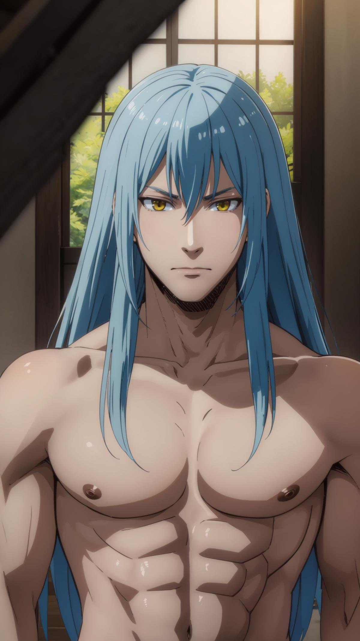 (masterpiece, best quality),ray tracing,absurdres, HDR,rimuru tempest, male, , solo, blue hair, yellow eyes,, 1boy, male focus, long hair, upper body, closed mouth, looking at viewer, collarbone, muscular,clothes , , pectorals <lora:rimuru male:0.7>