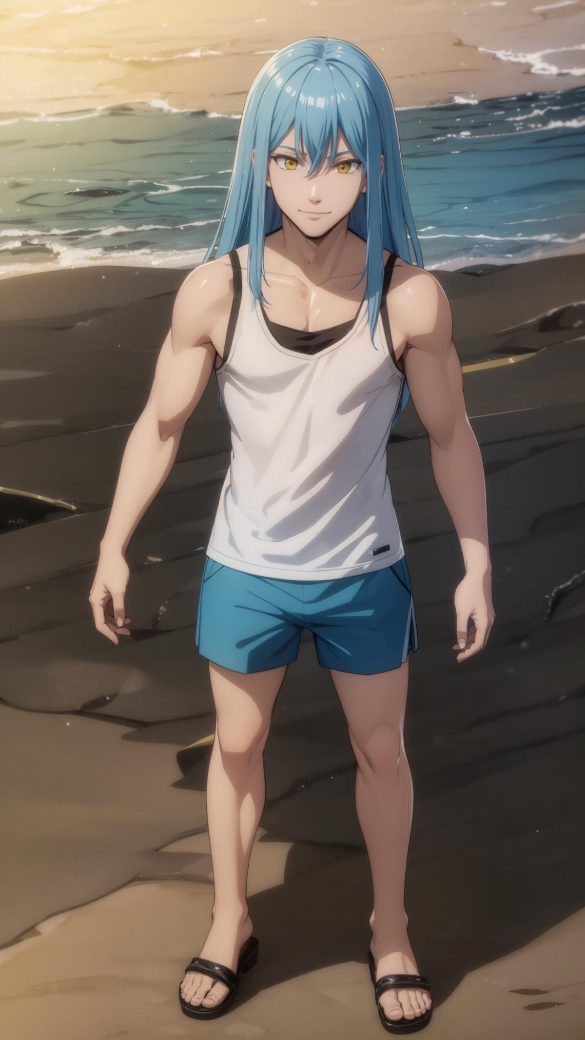 (masterpiece, best quality),ray tracing,absurdres, HDR,rimuru tempest, nikki, long hair, blue hair, yellow eyes,  1boy,male focus, ,shorts, sandals, blue shorts, solo, standing, smile, black tank top, closed mouth, bangs, hair between eyes, full body, , shirt, collarbone, sleeveless shirt, outdoorst,beach,sand,looking at viewer,  <lora:rimuru male:0.7> 