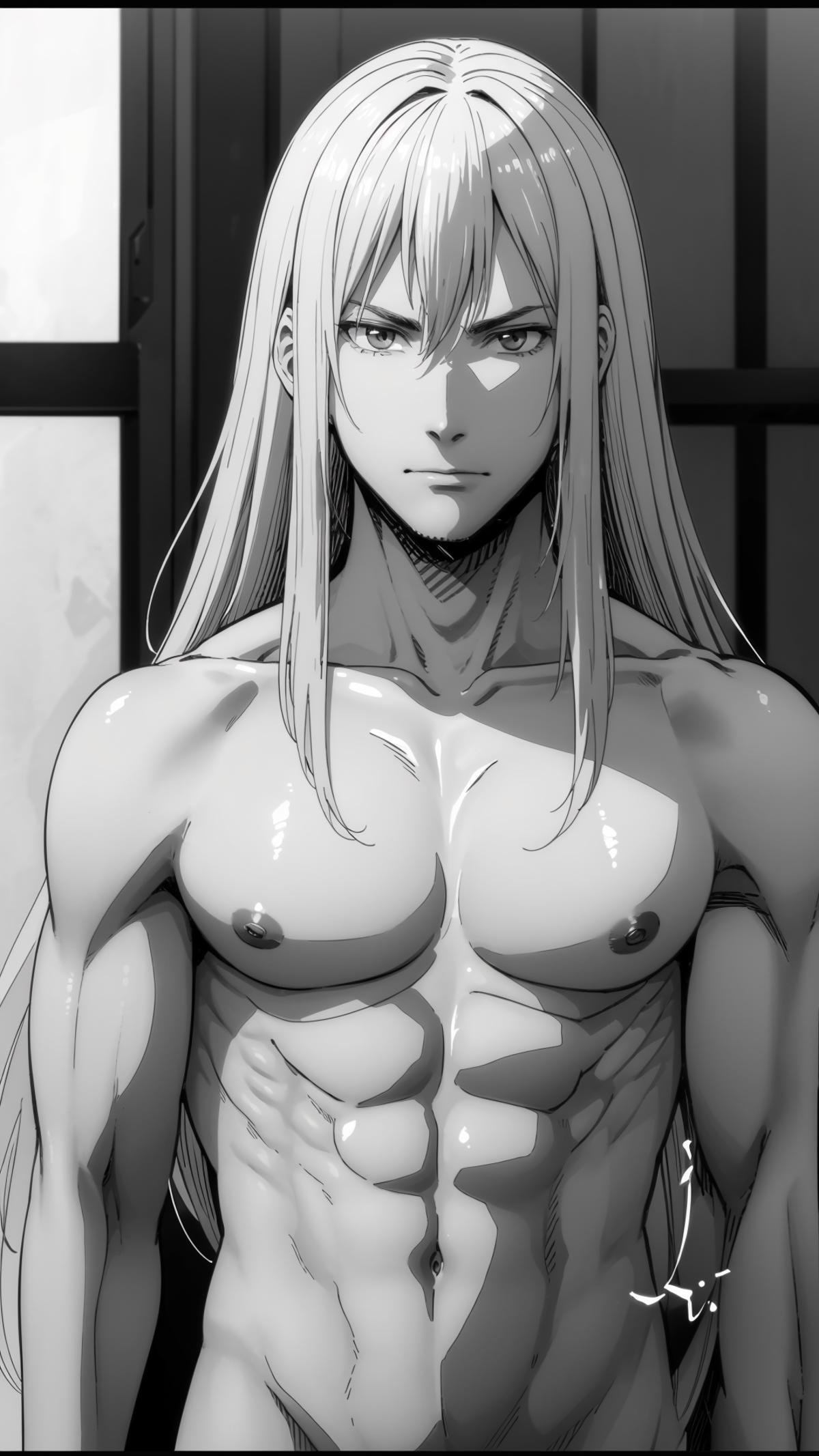 (masterpiece, best quality),ray tracing,absurdres, HDR,rimuru tempest, male, greyscale, solo, monochrome, 1boy, male focus, long hair, upper body, closed mouth, looking at viewer, collarbone, muscular, nude, topless male, pectorals <lora:rimuru male:0.7>