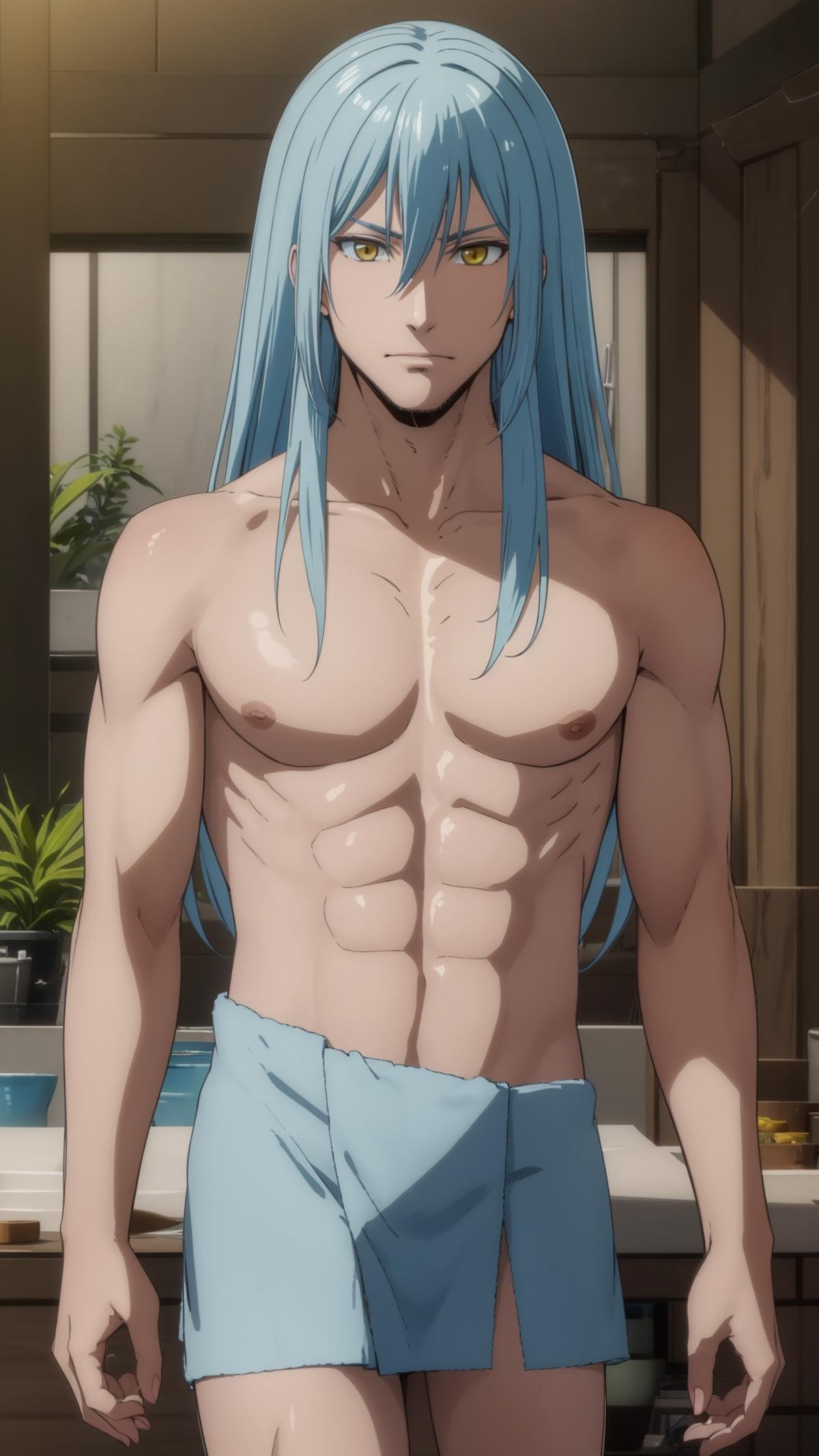 (masterpiece, best quality),ray tracing,absurdres, HDR,1boy,rimuru tempest, male, naked towel,long hair, yellow eyes, solo, blue hair,  closed mouth, hair between eyes, collarbone, looking at viewer, male focus, bangs cowboy shot,  <lora:rimuru male:0.7> <lora:naked_towel_v0.1:1>