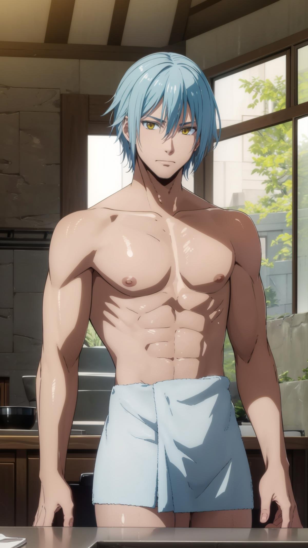 (masterpiece, best quality),ray tracing,absurdres, HDR,1boy,rimuru tempest, male, naked towel,short hair, yellow eyes, solo, blue hair,  closed mouth, hair between eyes, collarbone, looking at viewer, male focus, bangs cowboy shot,<lora:rimuru male:0.7> <lora:naked_towel_v0.1:1>