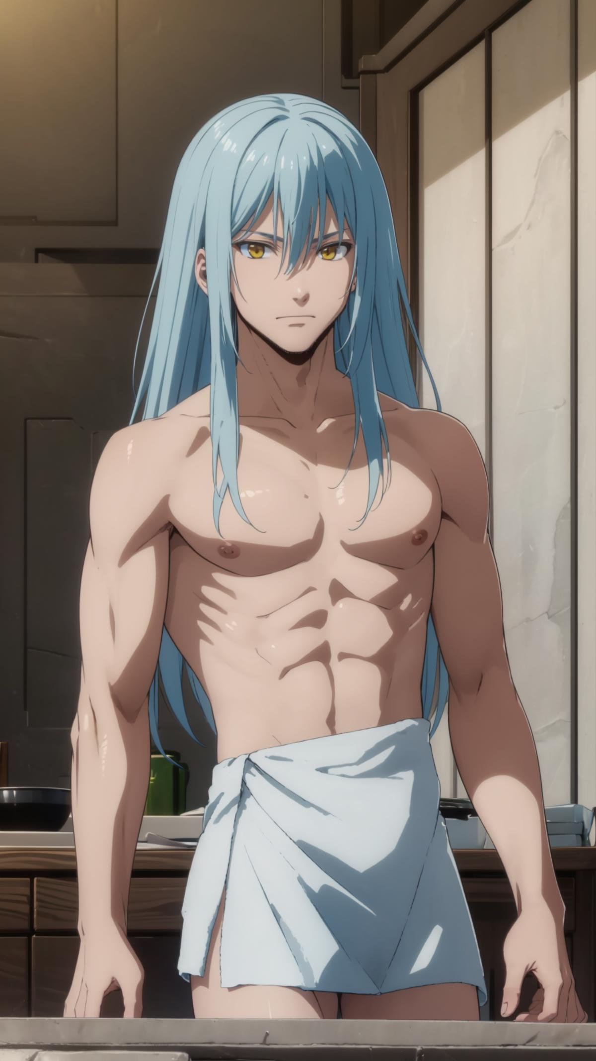 (masterpiece, best quality),ray tracing,absurdres, HDR,1boy,rimuru tempest, male, naked towel,long hair, yellow eyes, solo, blue hair,  closed mouth, hair between eyes, collarbone, looking at viewer, male focus, bangs cowboy shot,  <lora:rimuru male:0.7> <lora:naked_towel_v0.1:1>