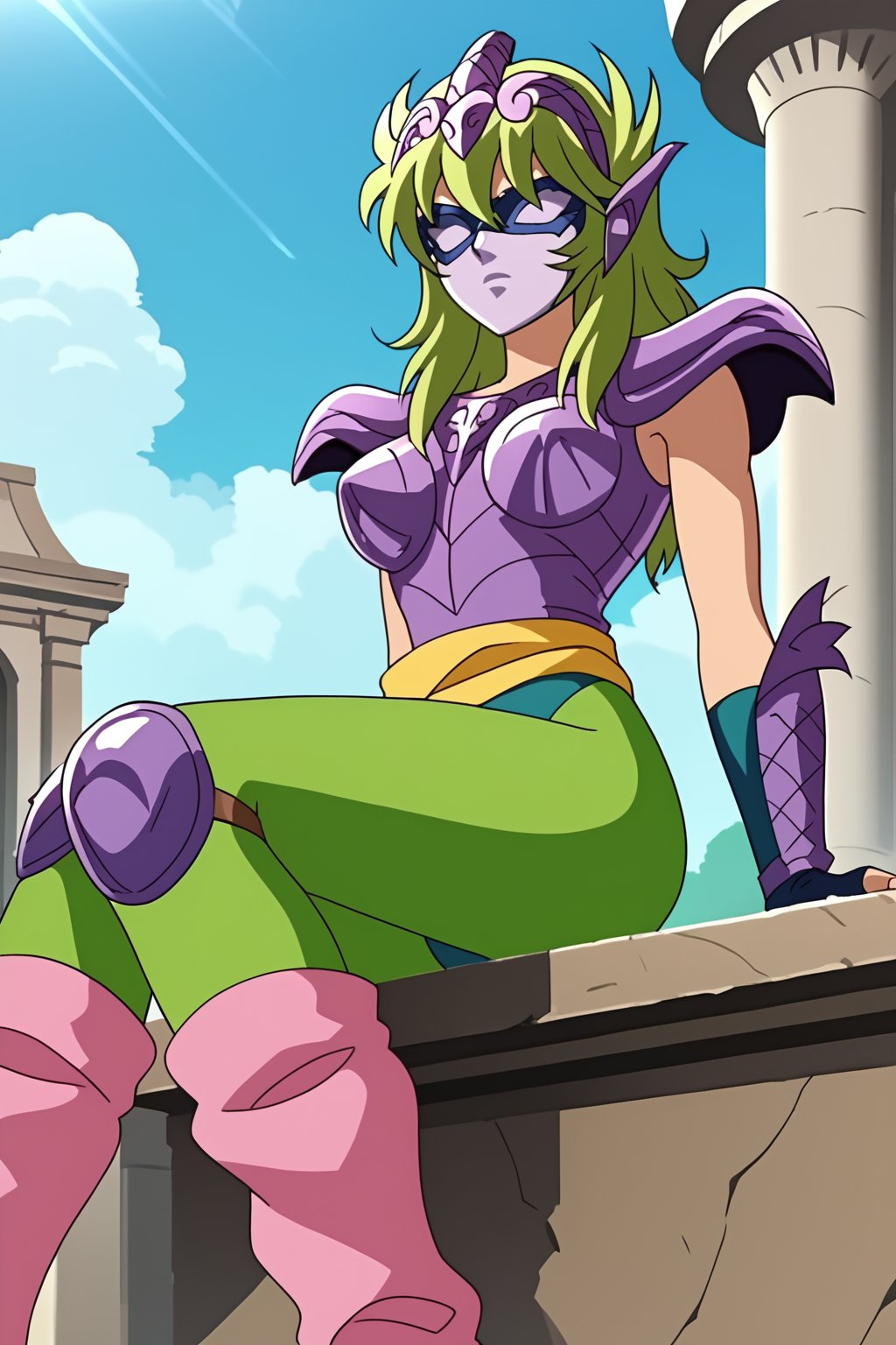 score_9, score_8_up, score_7_up, source_anime, anime screencap, 1girl, Shaina, saint seiya, green hair, mask, tiara, armor, shoulder pads, leotard, green pantyhose, yellow sash, fingerless gloves, knee pads, pink leg warmers, sitting, greek temple, outdoors