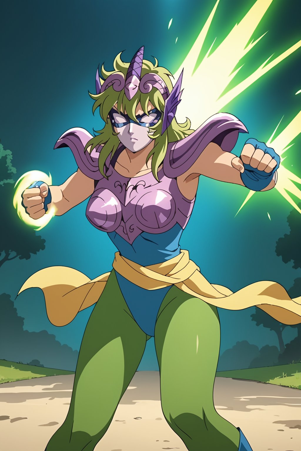 score_9, score_8_up, score_7_up, source_anime, anime screencap, 1girl, Shaina, saint seiya, green hair, mask, tiara, armor, shoulder pads, leotard, green pantyhose, yellow sash, fingerless gloves, punching, aura, lighting, outdoors