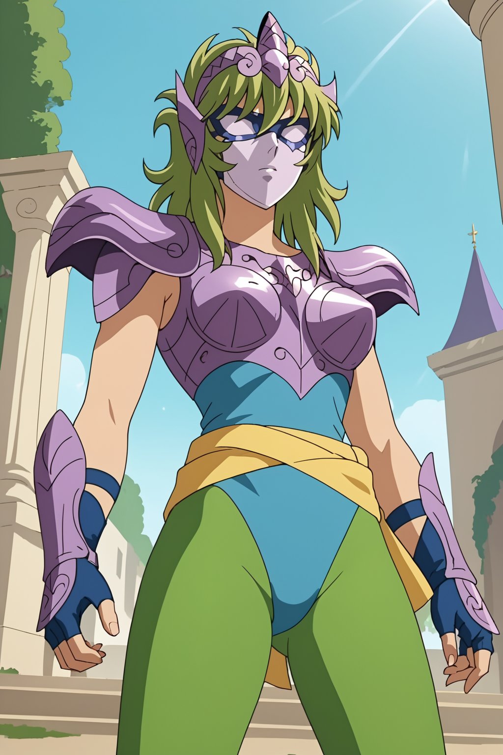 score_9, score_8_up, score_7_up, source_anime, anime screencap, 1girl, Shaina, saint seiya, green hair, mask, tiara, armor, shoulder pads, leotard, green pantyhose, yellow sash, fingerless gloves, outdoors