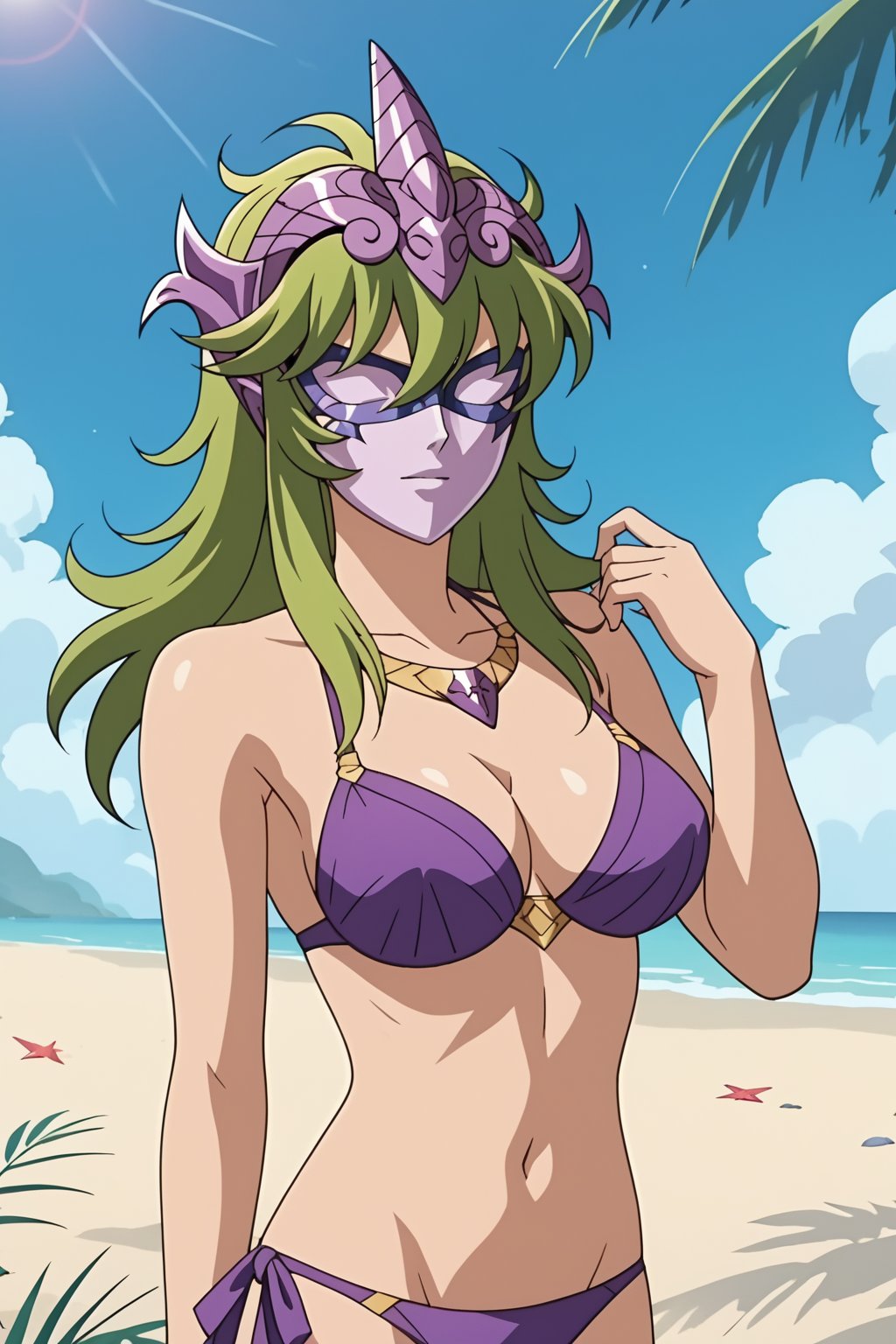 score_9, score_8_up, score_7_up, source_anime, anime screencap, 1girl, Shaina, saint seiya, green hair, mask, tiara, bikini, looking at viewer, beach