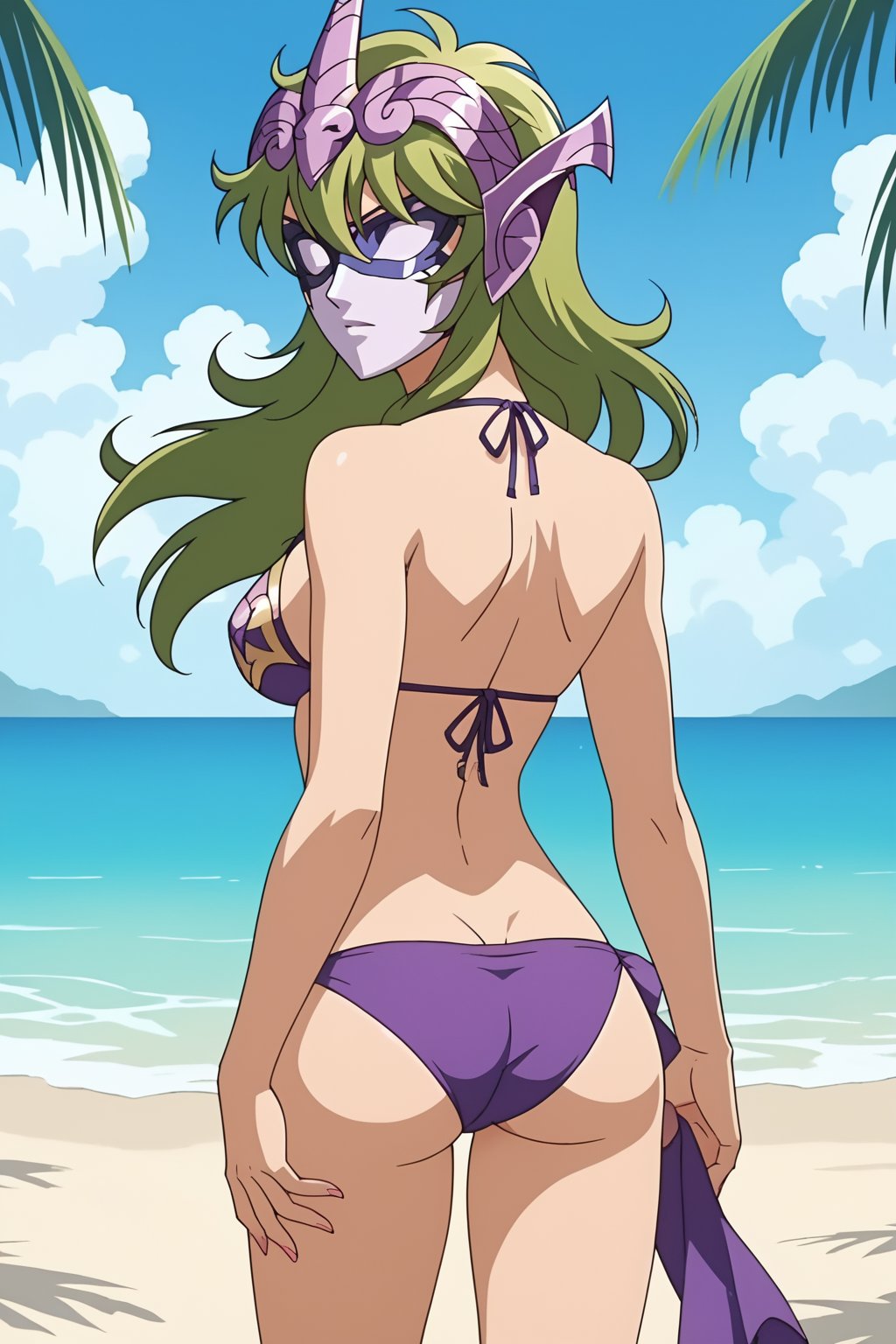 score_9, score_8_up, score_7_up, source_anime, anime screencap, 1girl, Shaina, saint seiya, green hair, mask, tiara, bikini, looking at viewer, looking back, beach