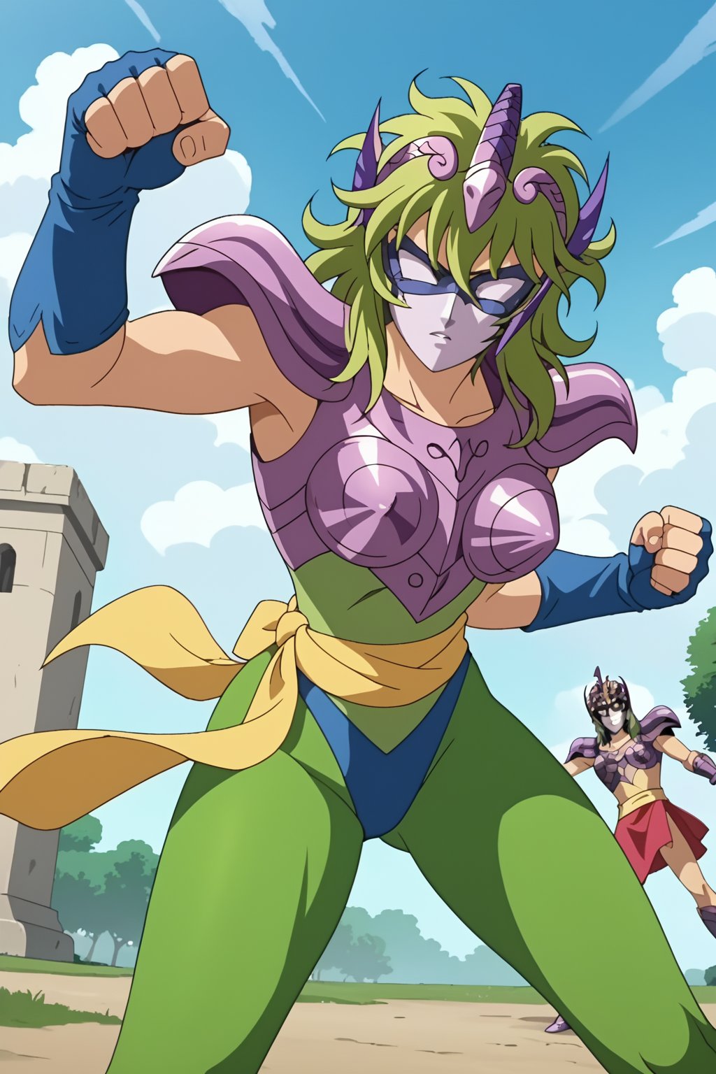 score_9, score_8_up, score_7_up, source_anime, anime screencap, 1girl, Shaina, saint seiya, green hair, mask, tiara, armor, shoulder pads, leotard, green pantyhose, yellow sash, fingerless gloves, punching, outdoors