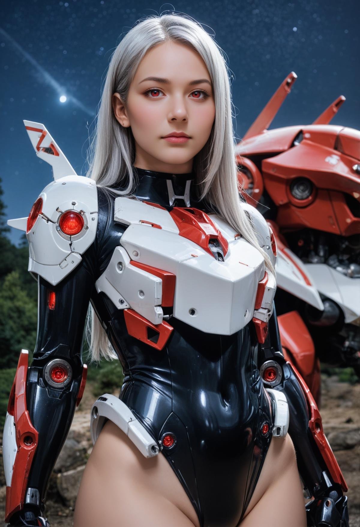 realistic, photo \(medium\), score_9, score_8_up, score_7_up, BREAKhigh resolution, very high resolution, portrait, 1girl, mecha musume, red eyes, silver hair, long hair, armored leotard, wings, tassel, mechanical arms, looking at viewer, closed mouth, outdoors, night, starry sky,