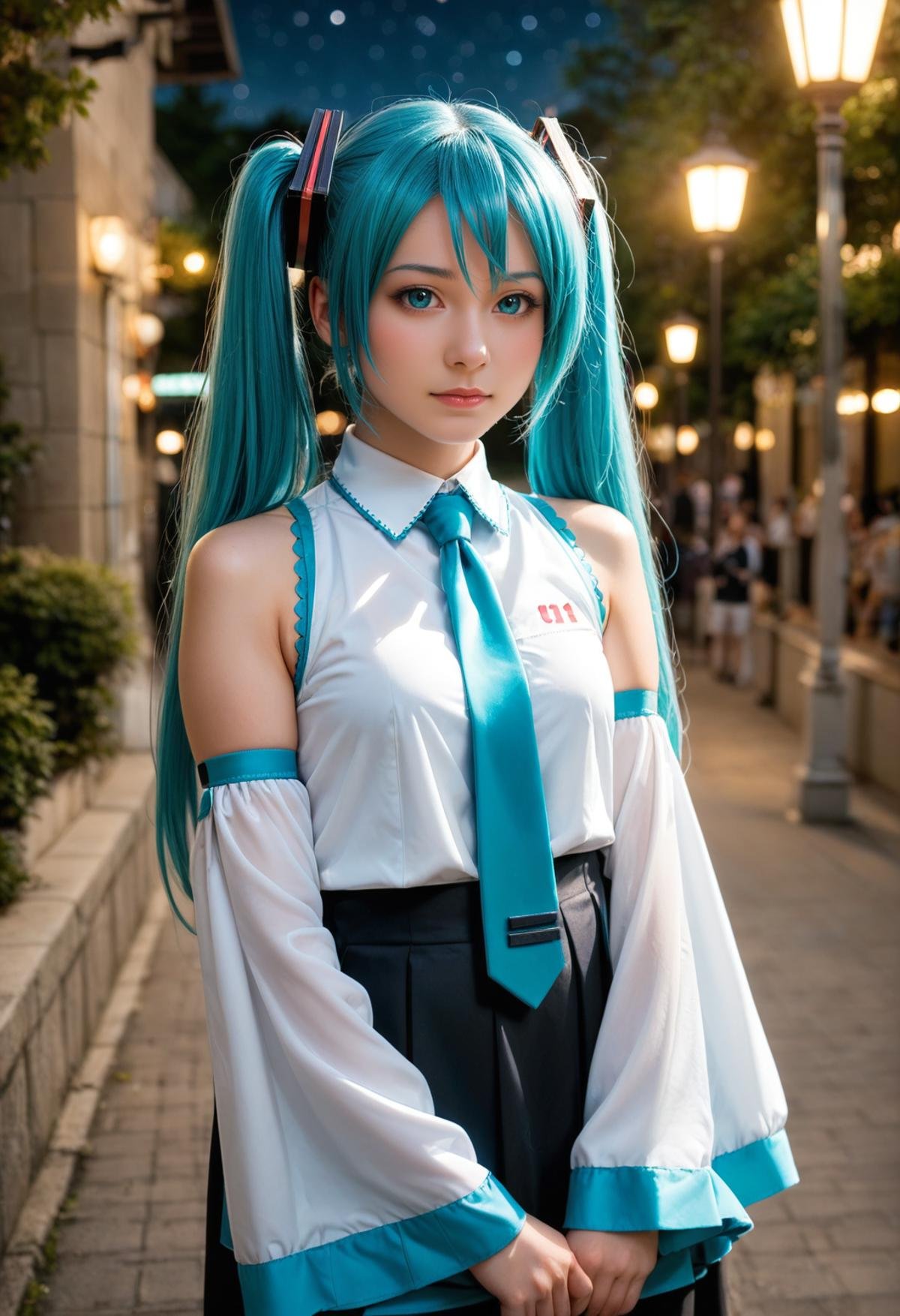 realistic, photo \(medium\), score_9, score_8_up, score_7_up, BREAKhigh resolution, very high resolution, cowboy shot, solo, 1girl, hatsune miku, aqua eyes, aqua hair, twintails, detached sleeves, green necktie, skirt, looking at viewer, closed mouth, outdoors, night, starry sky,