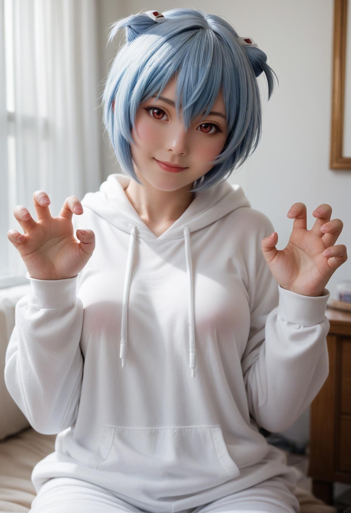 realistic, photo \(medium\), score_9, score_8_up, score_7_up, score_6_up, BREAK1girl, ayanami rei, red eyes, blue hair, blush, solo, medium breasts, hairpods, white hoodie, long sleeves, claw pose, looking at viewer, smile,