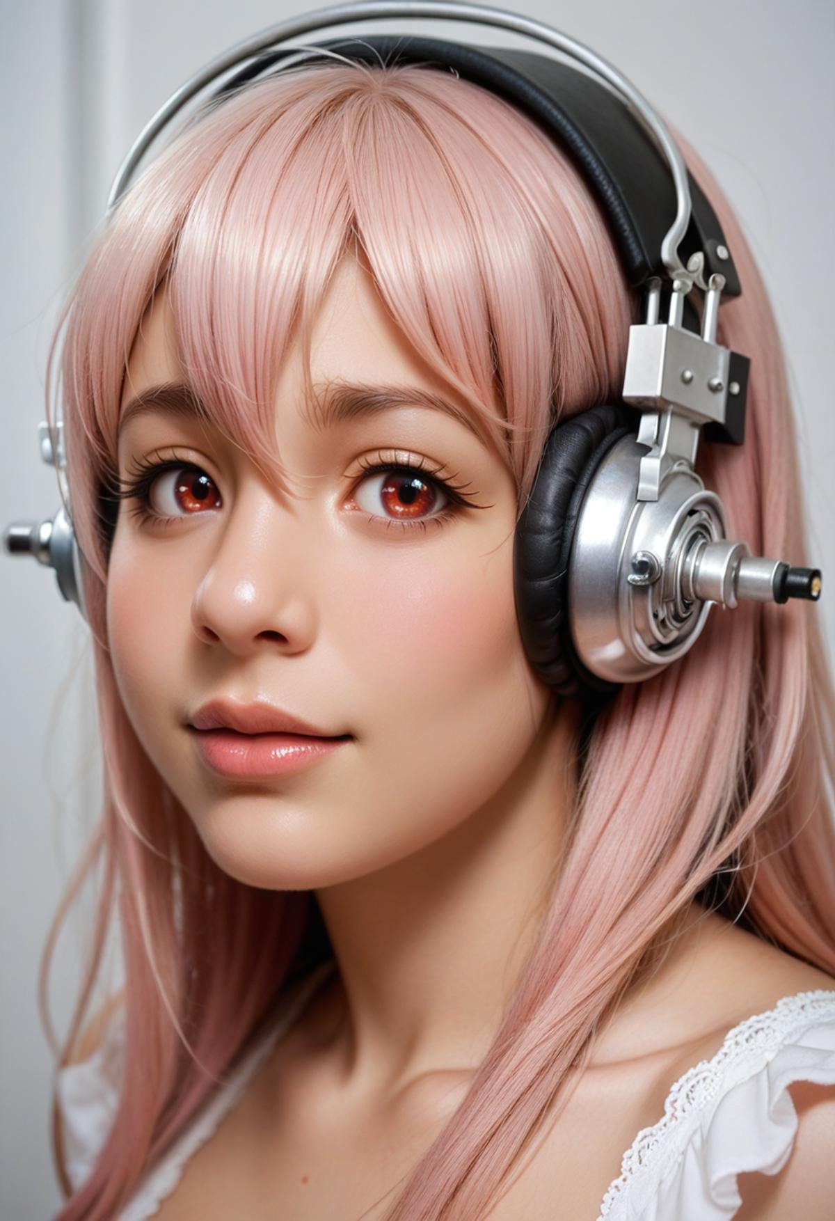 realistic, photo \(medium\), score_9, score_8_up, score_7_up, BREAK1girl, super sonico, red eyes, pink hair, portrait, 