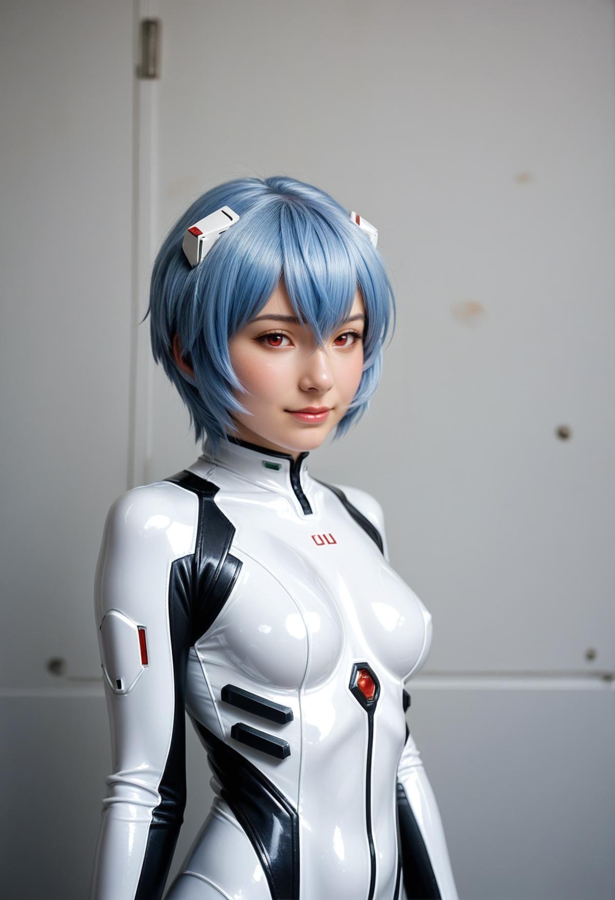 realistic, photo \(medium\), score_9, score_8_up, score_7_up, BREAKsolo, 1girl, ayanami rei, red eyes, blue hair, short hair, hairpods, plugsuit, white bodysuit, shiny skin, shiny clothes, standing, looking at viewer, light smile, upper body, 