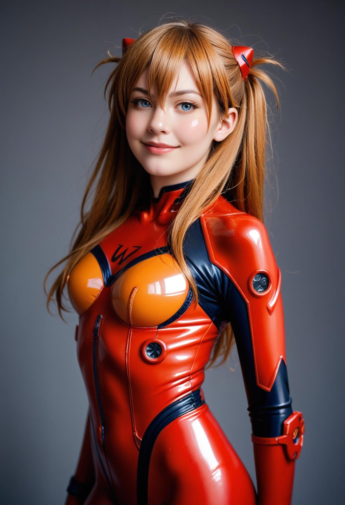 realistic, photo \(medium\), score_9, score_8_up, score_7_up, BREAKsolo, 1girl, asuka langley, blue eyes, orange hair, hairpods, plugsuit, red bodysuit, shiny skin, shiny clothes, standing, looking at viewer, light smile, upper body, 