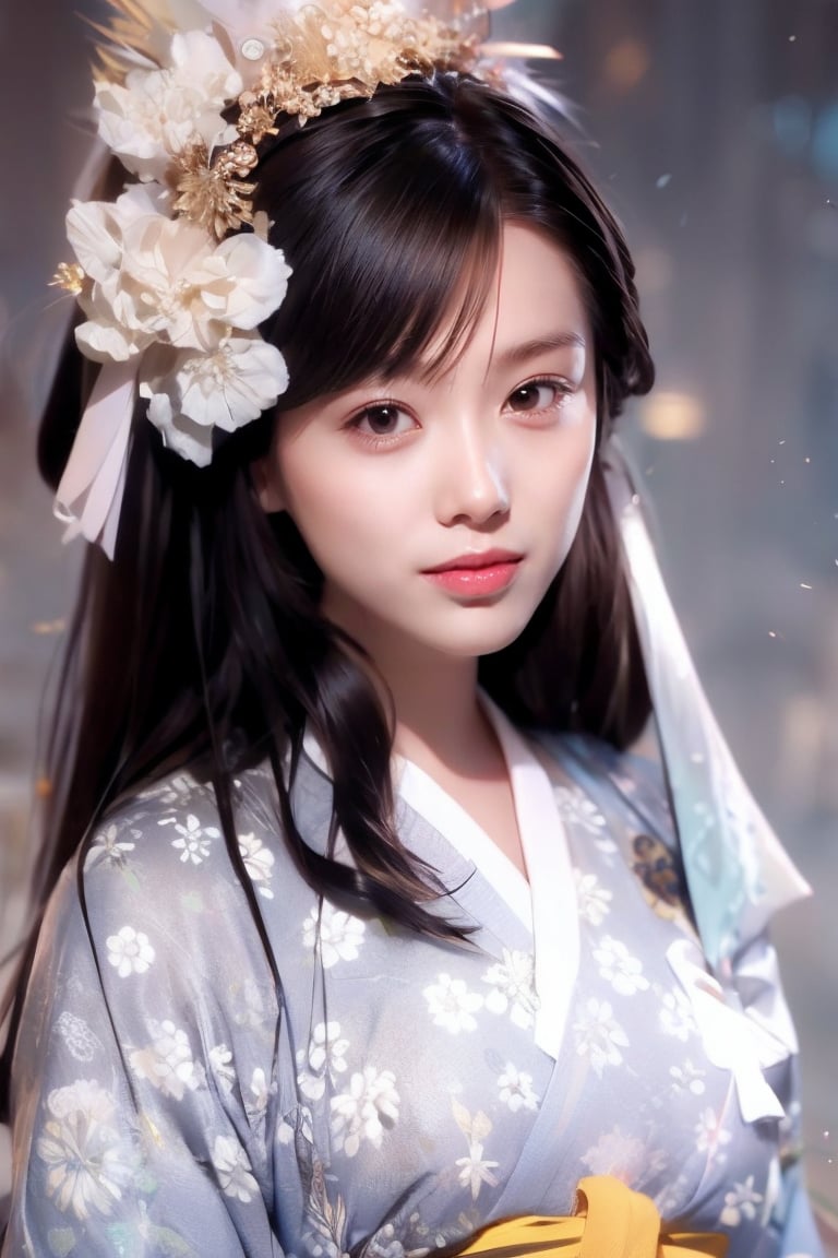 1girl, solo, long hair, looking at viewer, bangs, black hair, hair ornament, closed mouth, upper body, japanese clothes, hair flower, kimono, grey background, black eyes, lips, sash, realistic, 1 girl,Shirley01,Athena01