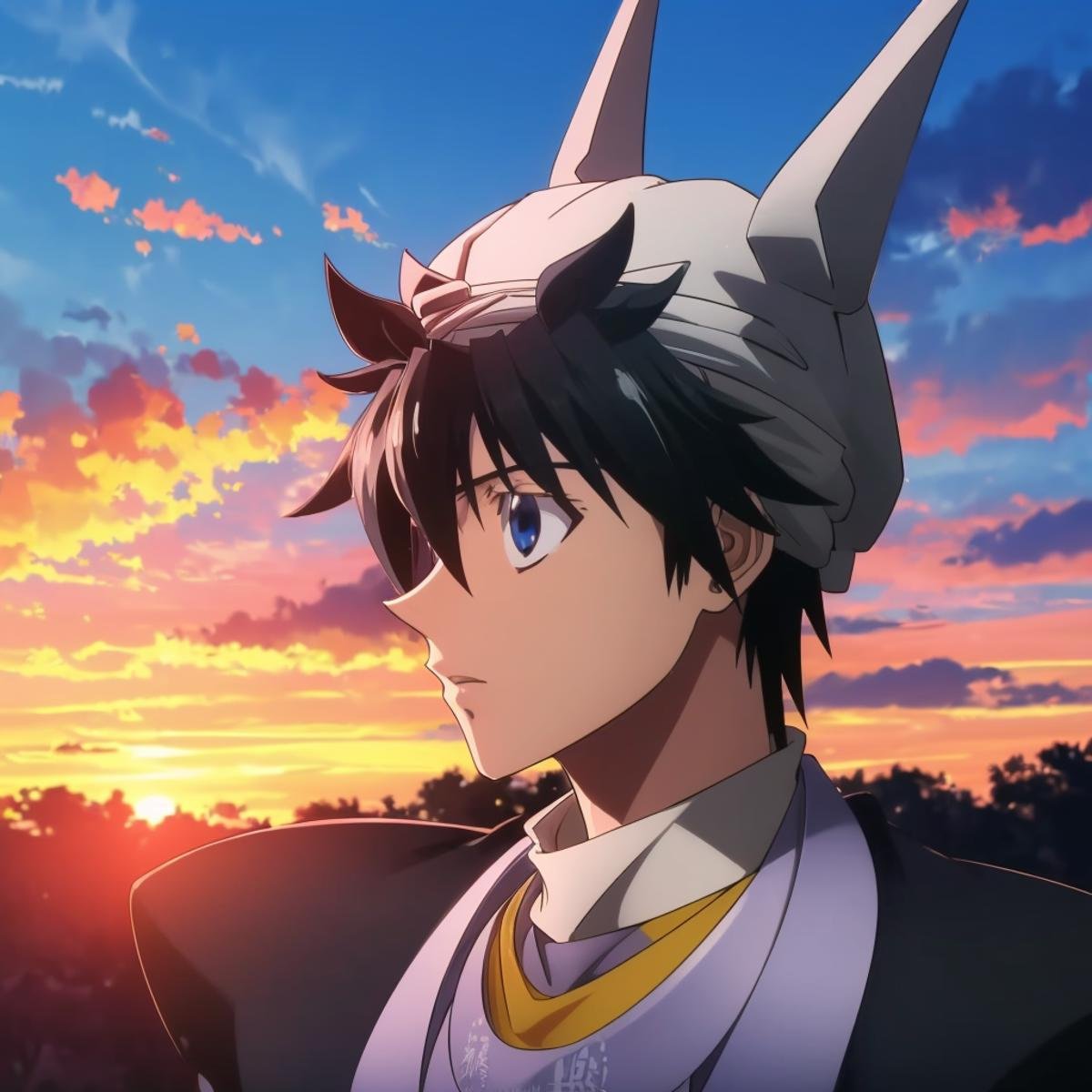 (masterpiece, best quality), ray tracing, absurdres, HDR, Taikoubou, 1boy, male focus, hat, horns, solo, black hair, blue eyes, cloud, sky, sunset, profile<lora:Taikoubou:1>