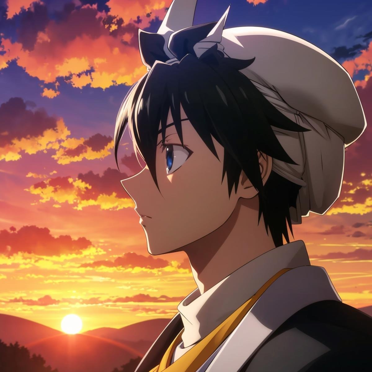 (masterpiece, best quality), ray tracing, absurdres, HDR, Taikoubou, 1boy, male focus, hat, horns, solo, black hair, blue eyes, cloud, sky, sunset, profile<lora:Taikoubou:0.8>